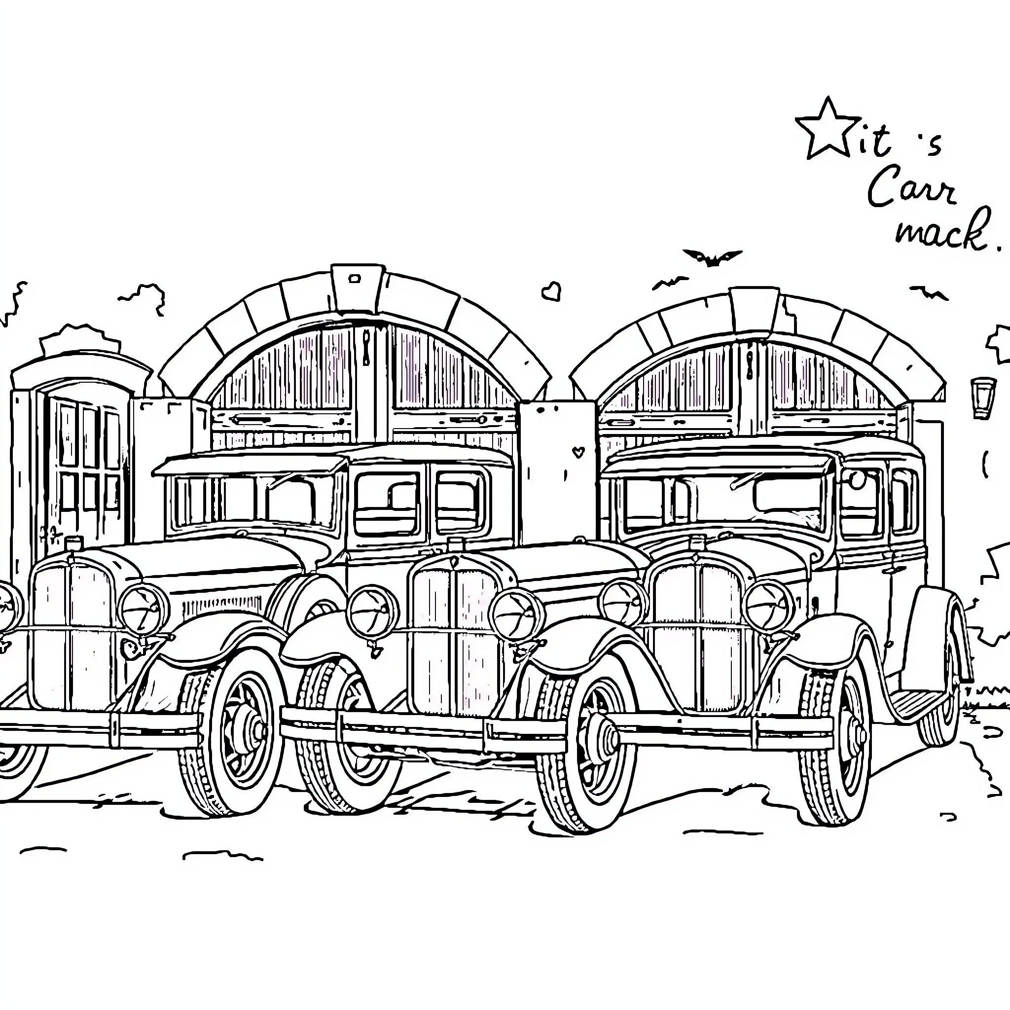 Cars in vintage garage mock scene Coloring Page (free black-and-white line drawing printable PDF for all, from beginners to advanced learners, including children, teens, adults, and seniors)
