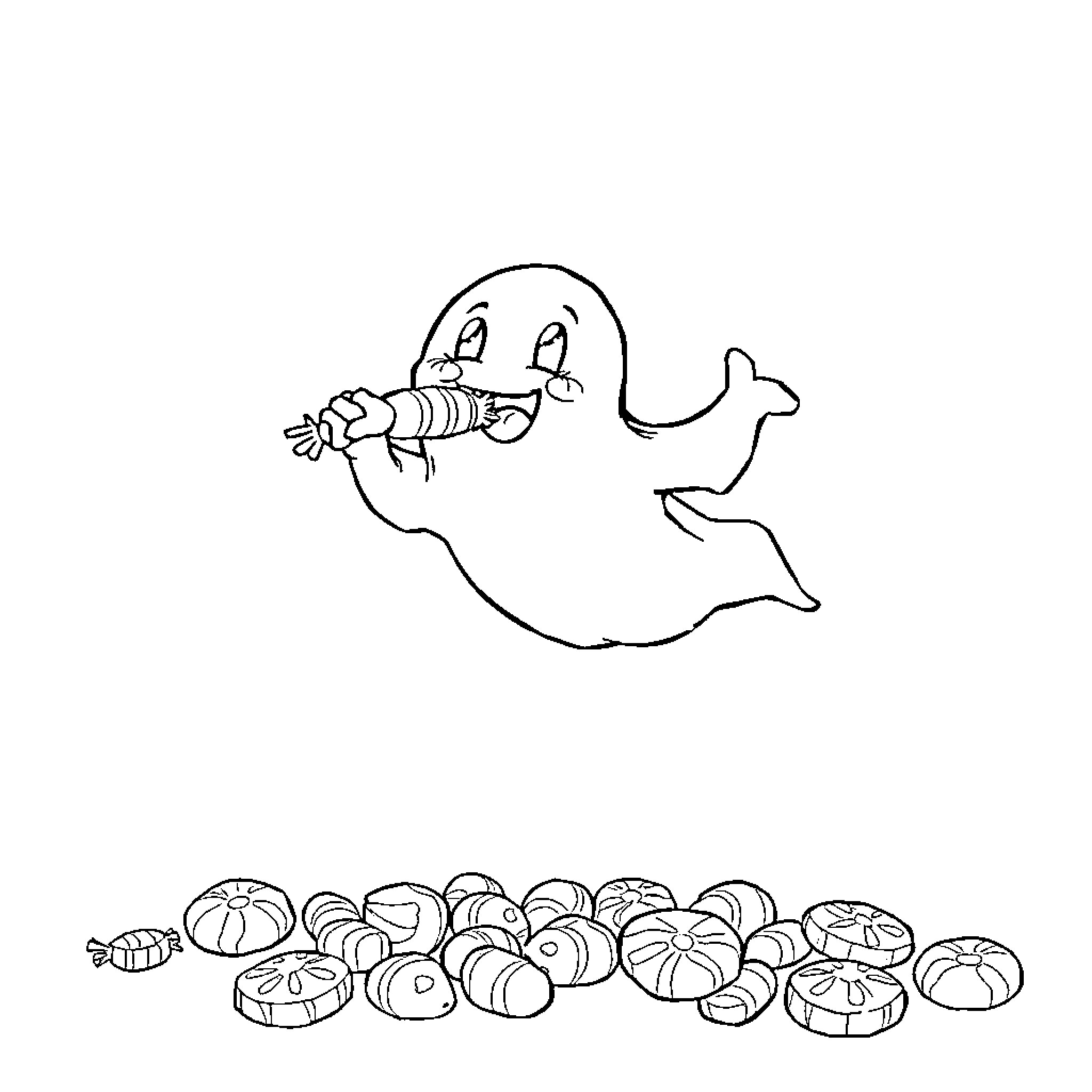 Ghost playing with Halloween treats Coloring Page (free black-and-white line drawing printable PDF for all, from beginners to advanced learners, including children, teens, adults, and seniors)