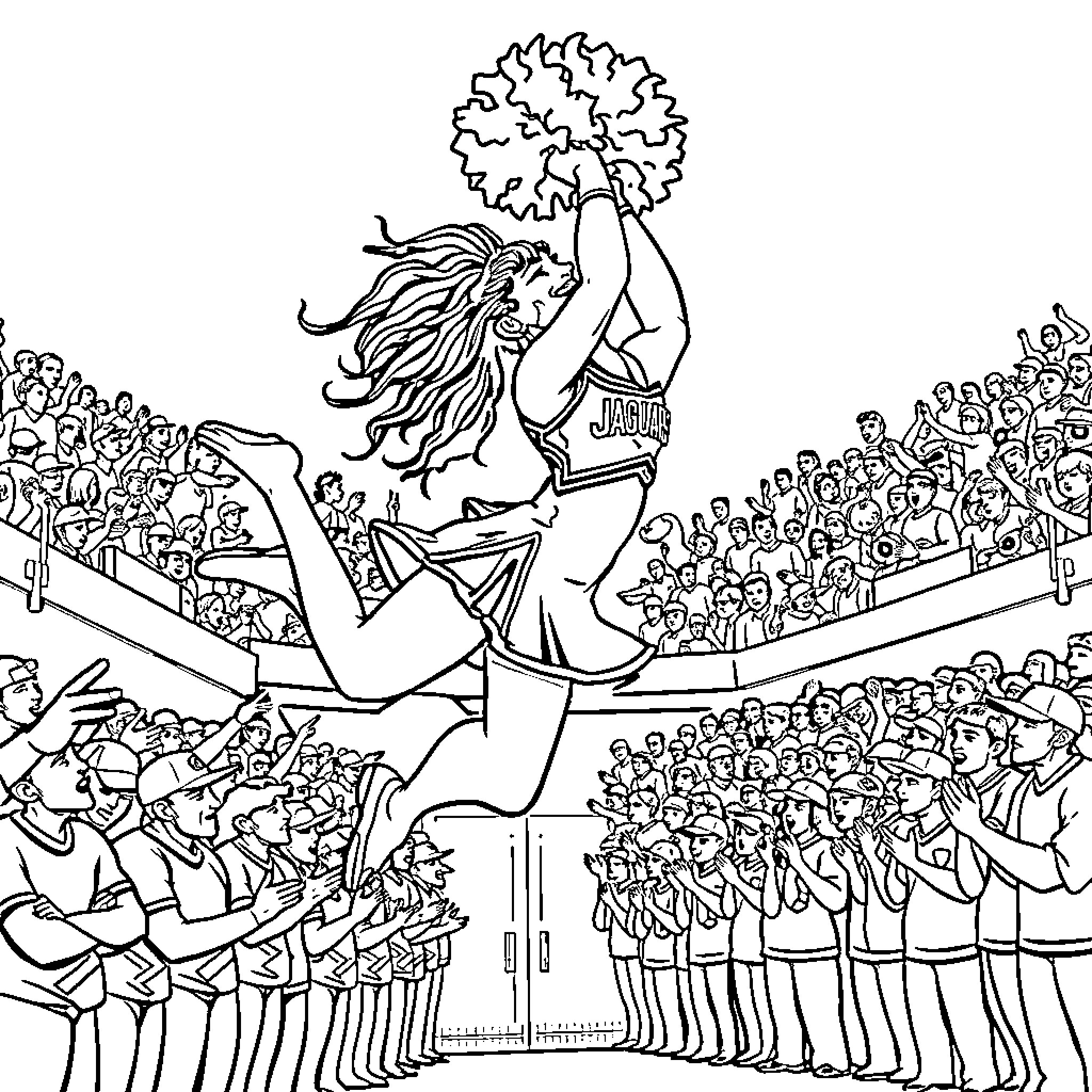 Cheerleader performing high-energy routine for enthusiastic crowd Coloring Page (free black-and-white line drawing printable PDF for all, from beginners to advanced learners, including children, teens, adults, and seniors)