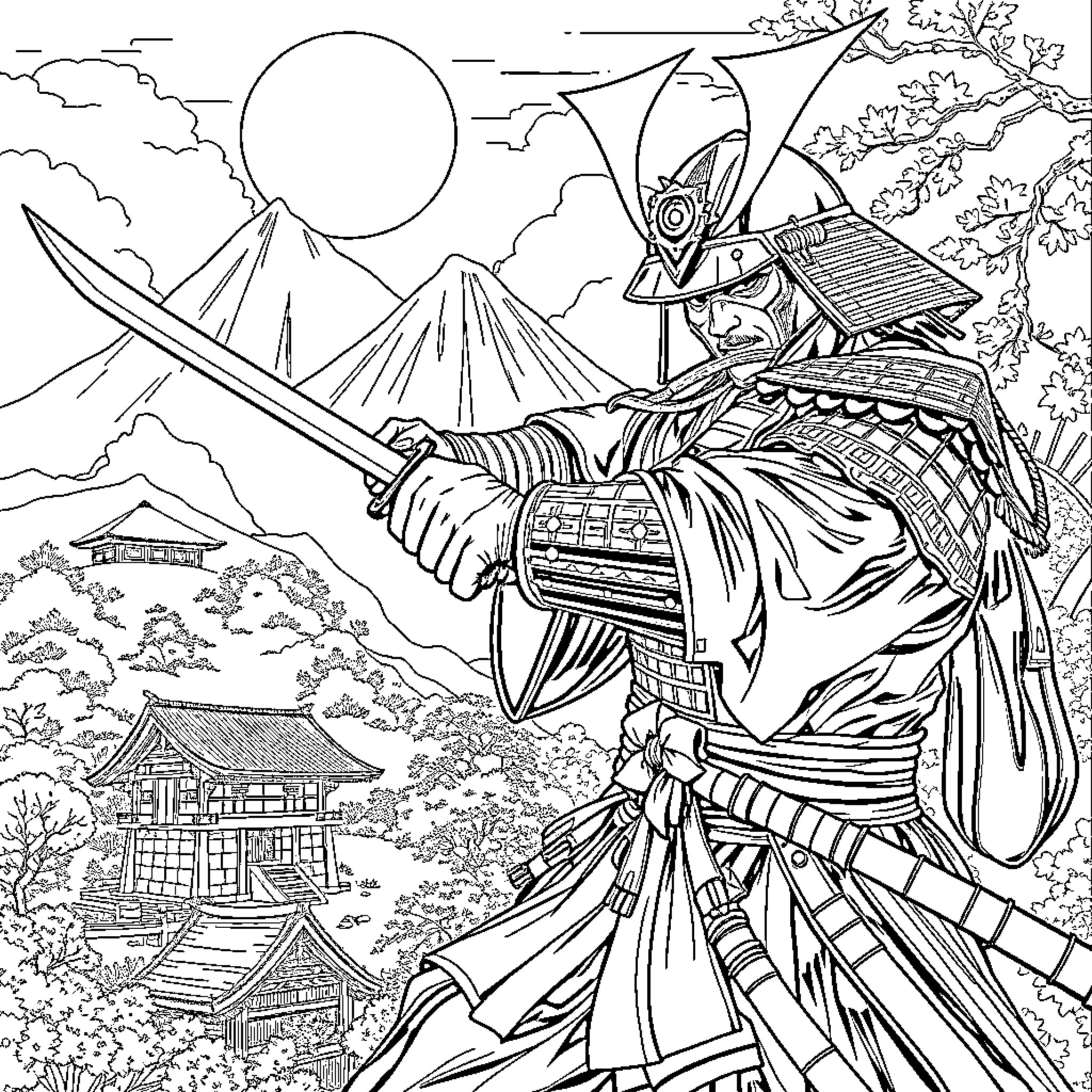 Samurai Warrior in Majestic Mountain Landscape Coloring Page (free black-and-white line drawing printable PDF for all, from beginners to advanced learners, including children, teens, adults, and seniors)