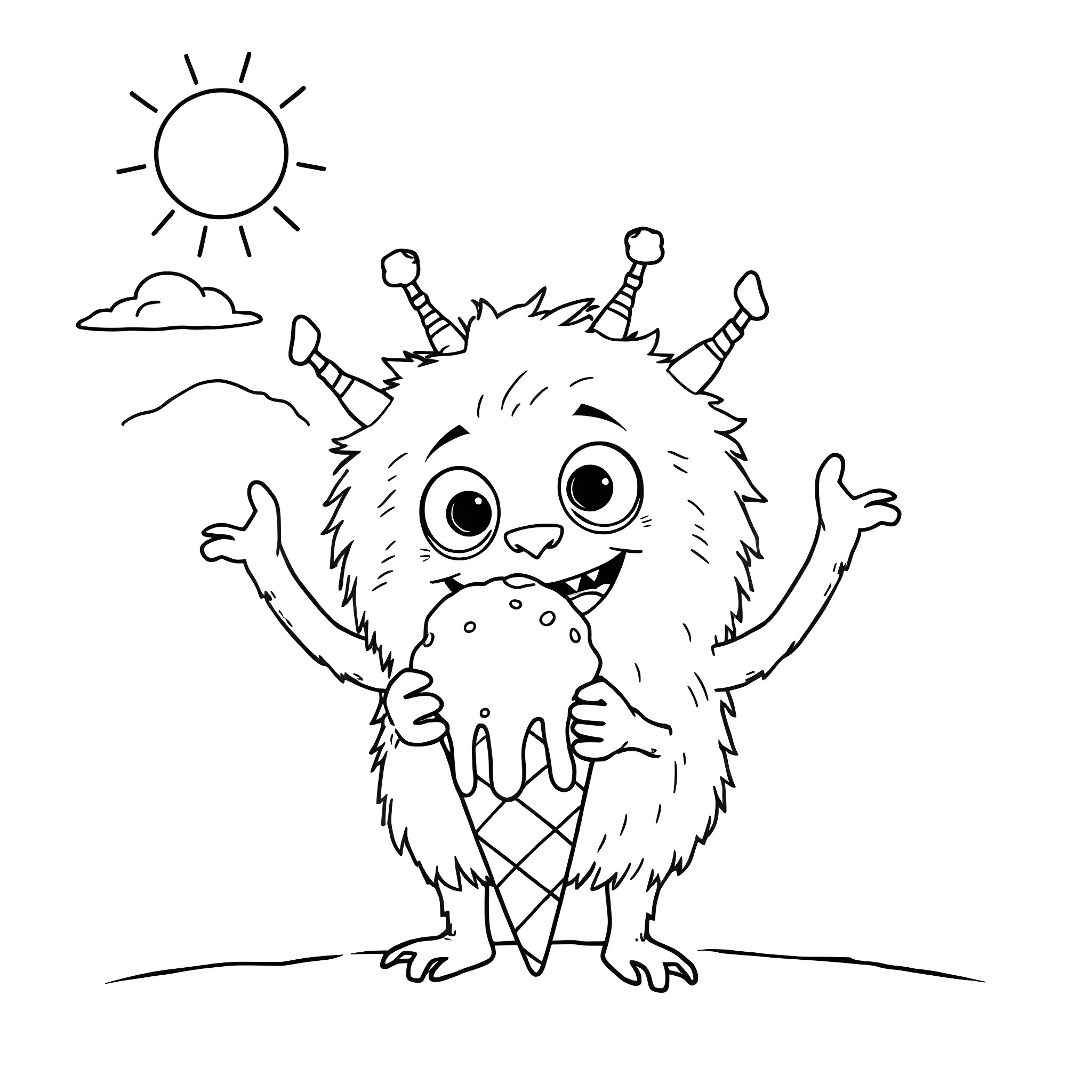 Monster having fun in the sun Coloring Page (free black-and-white line drawing printable PDF for all, from beginners to advanced learners, including children, teens, adults, and seniors)