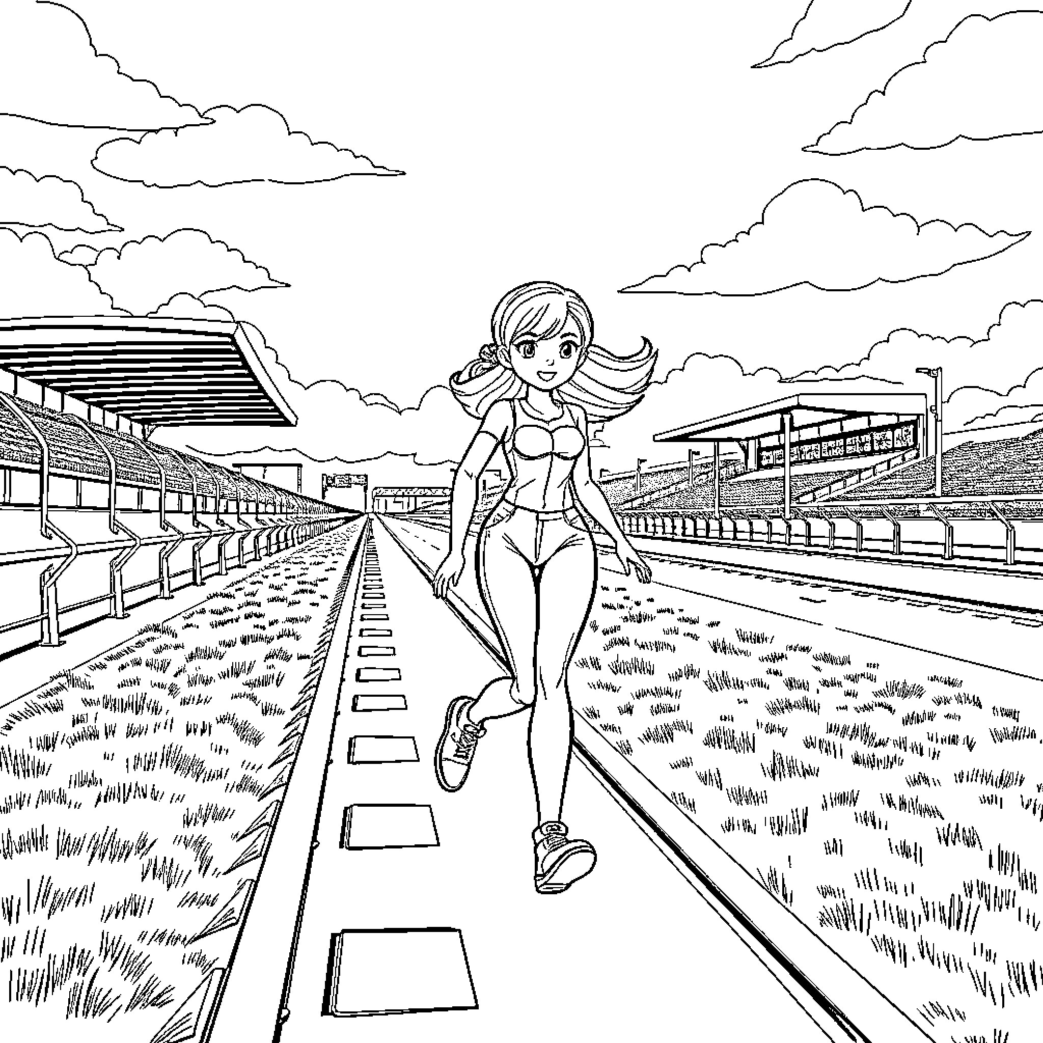Racing Girl Running on the Track Coloring Page (free black-and-white line drawing printable PDF for all, from beginners to advanced learners, including children, teens, adults, and seniors)