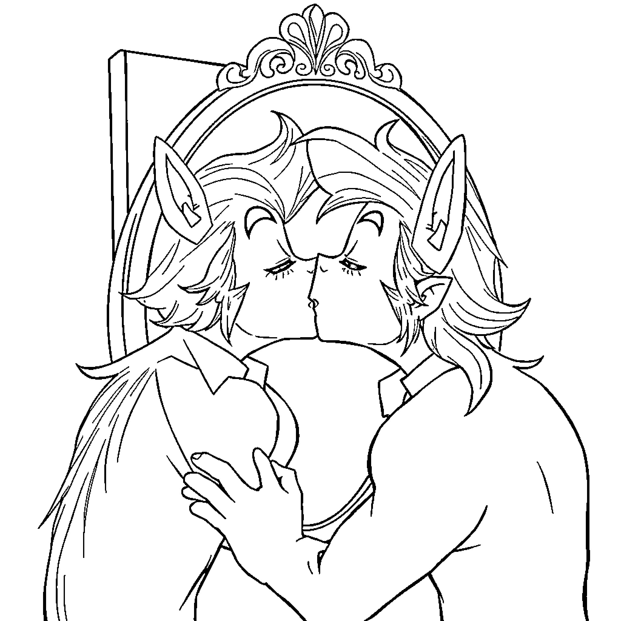 Alastor embracing in a decorative frame Coloring Page (free black-and-white line drawing printable PDF for all, from beginners to advanced learners, including children, teens, adults, and seniors)