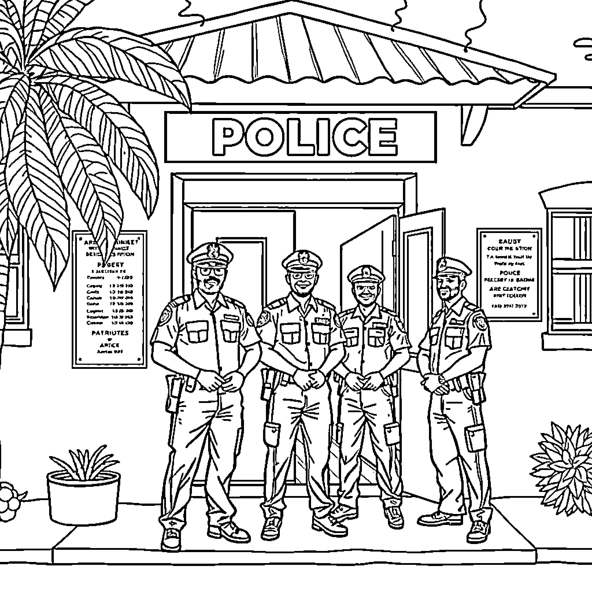 Police officers outside station in uniform Coloring Page (free black-and-white line drawing printable PDF for all, from beginners to advanced learners, including children, teens, adults, and seniors)