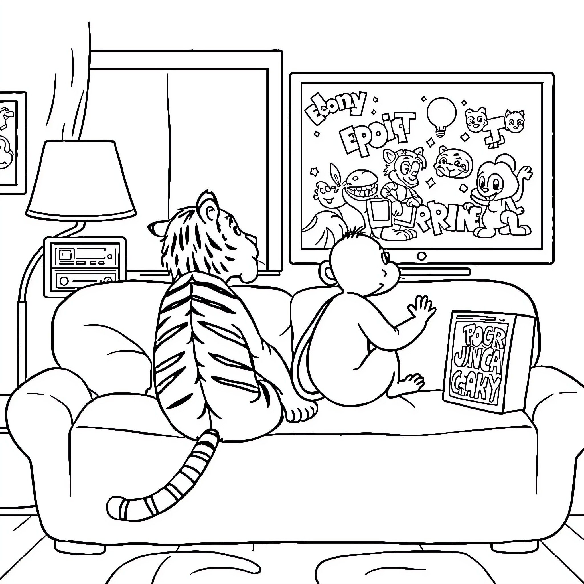 Tiger Relaxing at Home with Cartoon Entertainment Coloring Page (free black-and-white line drawing printable PDF for all, from beginners to advanced learners, including children, teens, adults, and seniors)