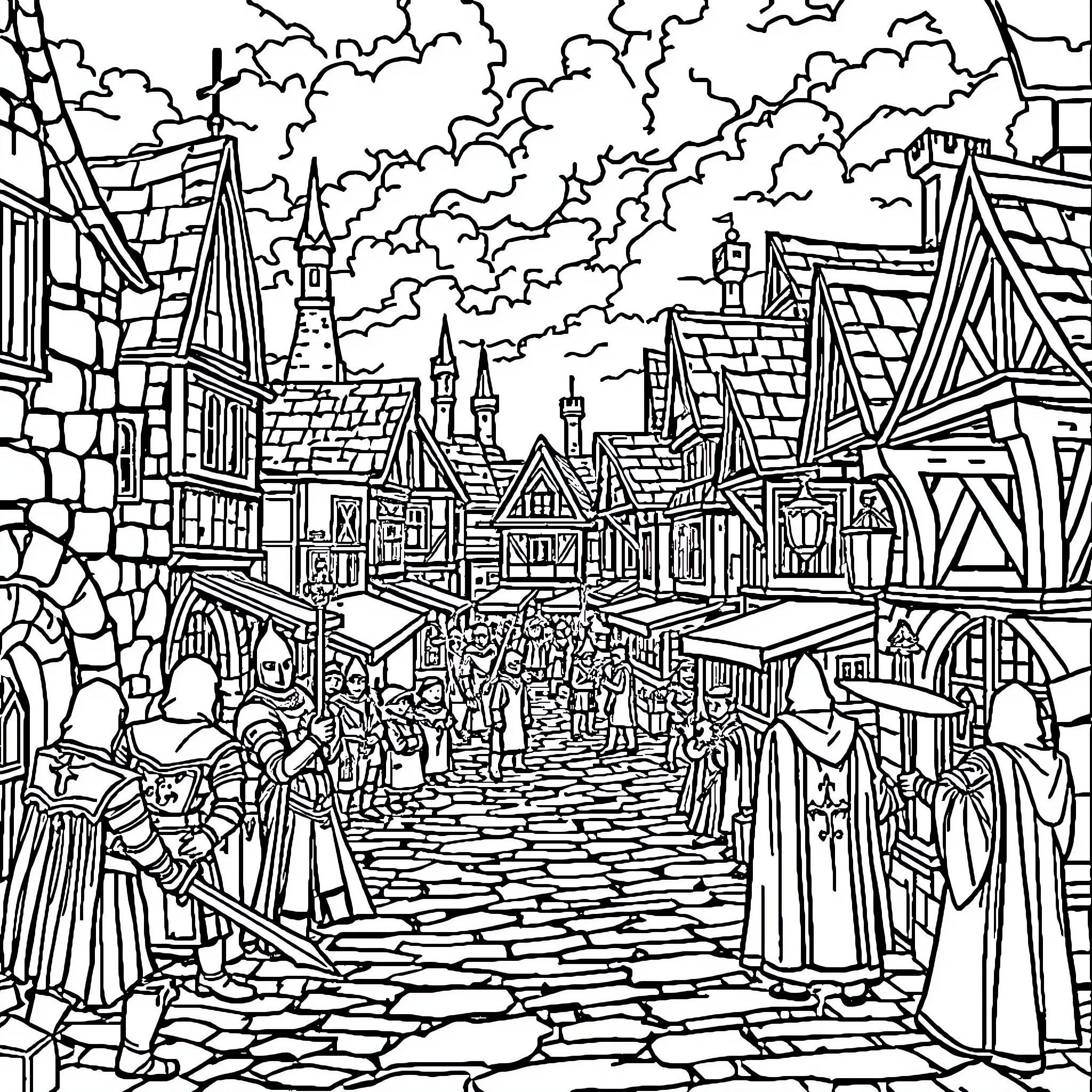 Fantasy Bustling Medieval Town Marketplace Coloring Page (free black-and-white line drawing printable PDF for all, from beginners to advanced learners, including children, teens, adults, and seniors)