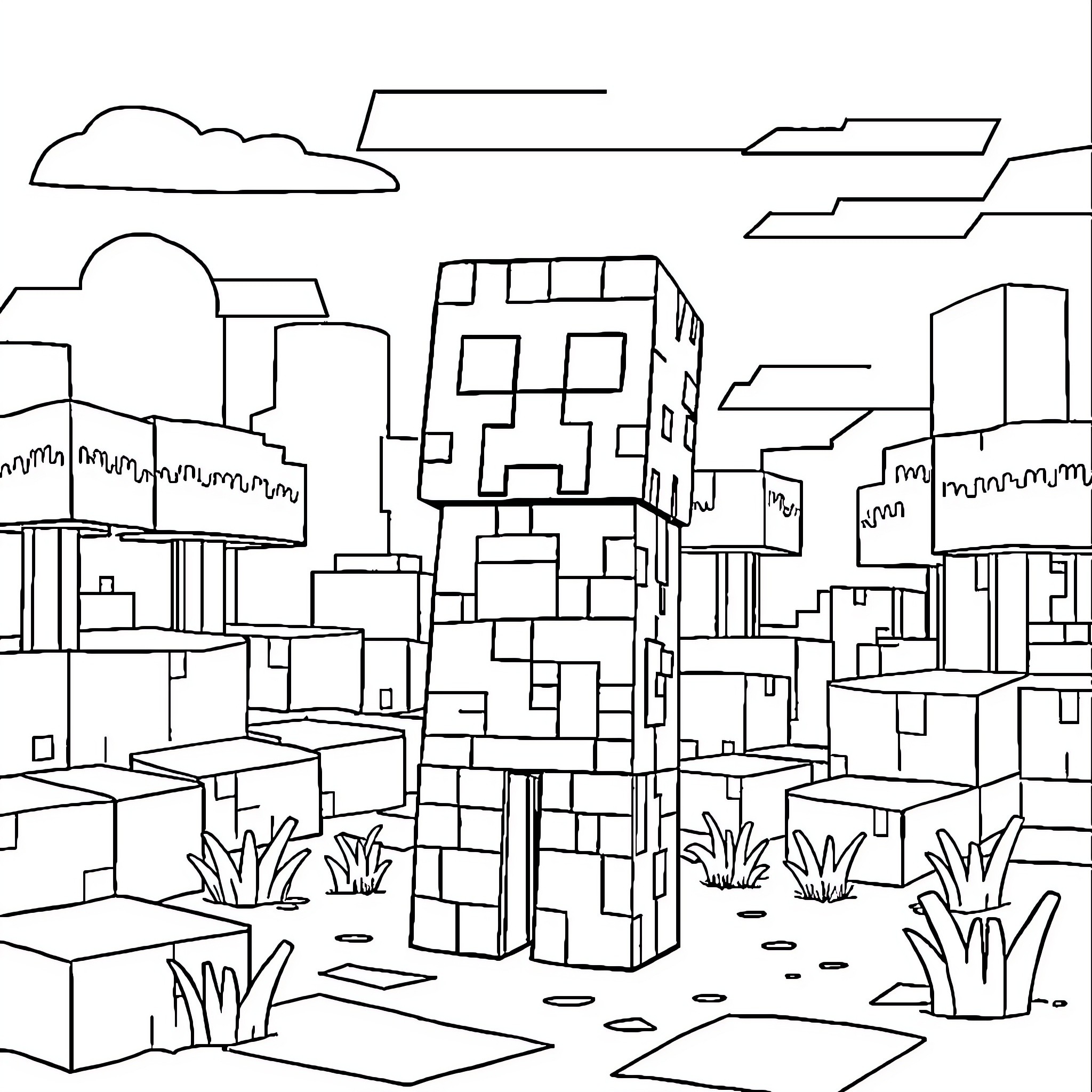 Creeper exploring the pixelated cityscape Coloring Page (free black-and-white line drawing printable PDF for all, from beginners to advanced learners, including children, teens, adults, and seniors)