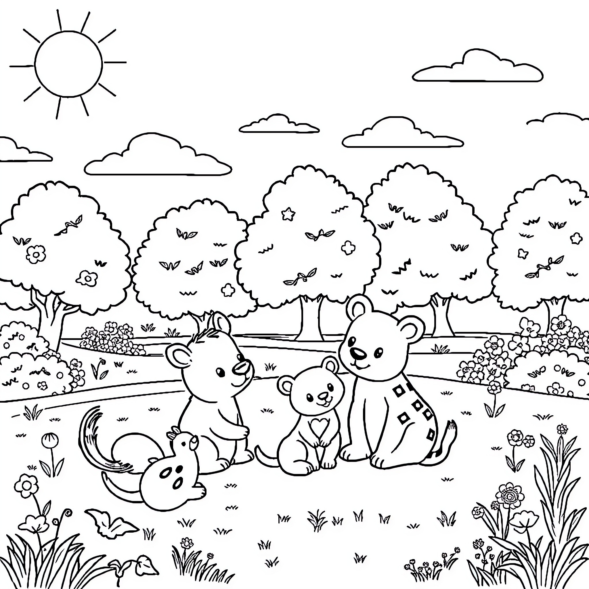 Animal friends in a forest landscape Coloring Page (free black-and-white line drawing printable PDF for all, from beginners to advanced learners, including children, teens, adults, and seniors)