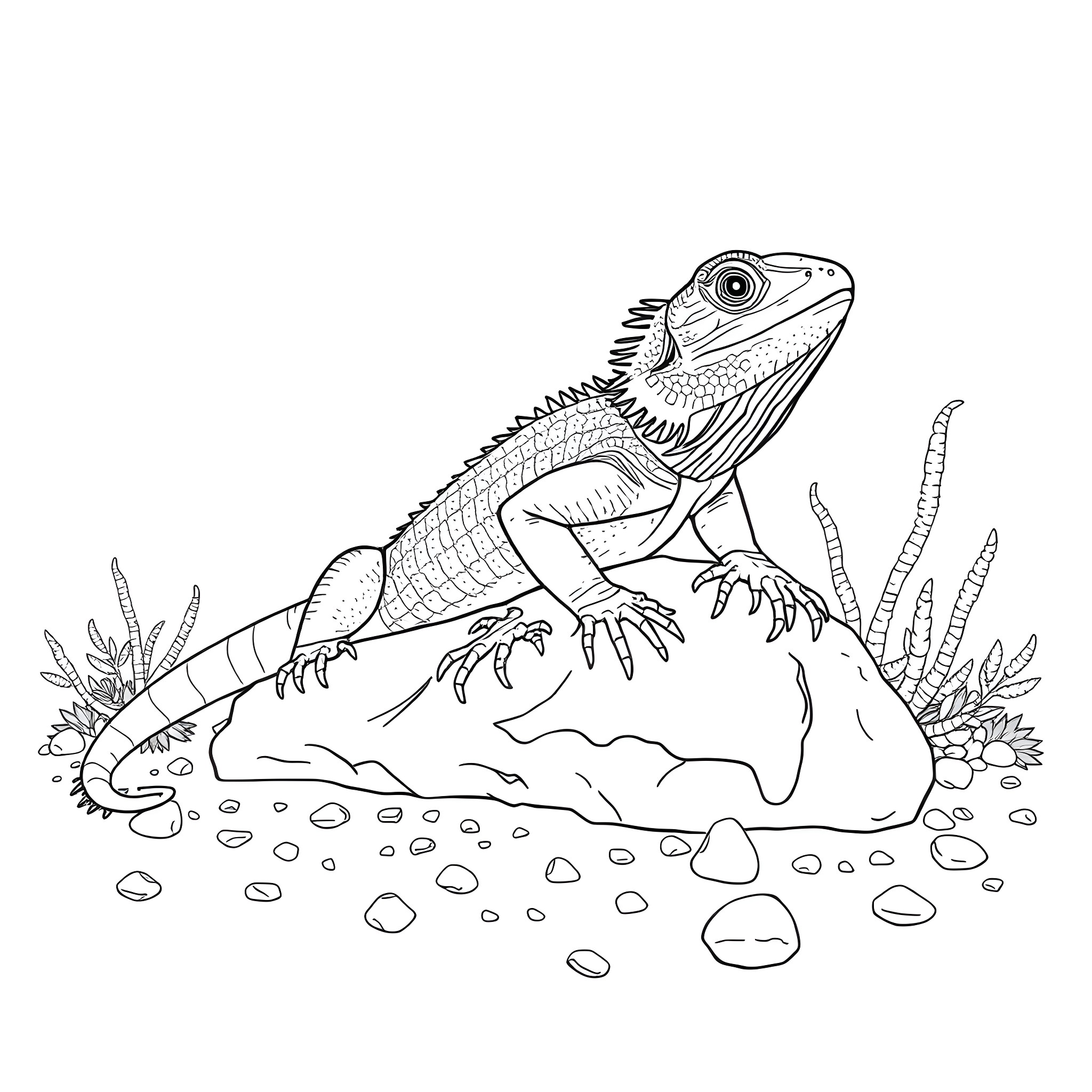 Bearded Dragon exploring a rocky terrain Coloring Page (free black-and-white line drawing printable PDF for all, from beginners to advanced learners, including children, teens, adults, and seniors)