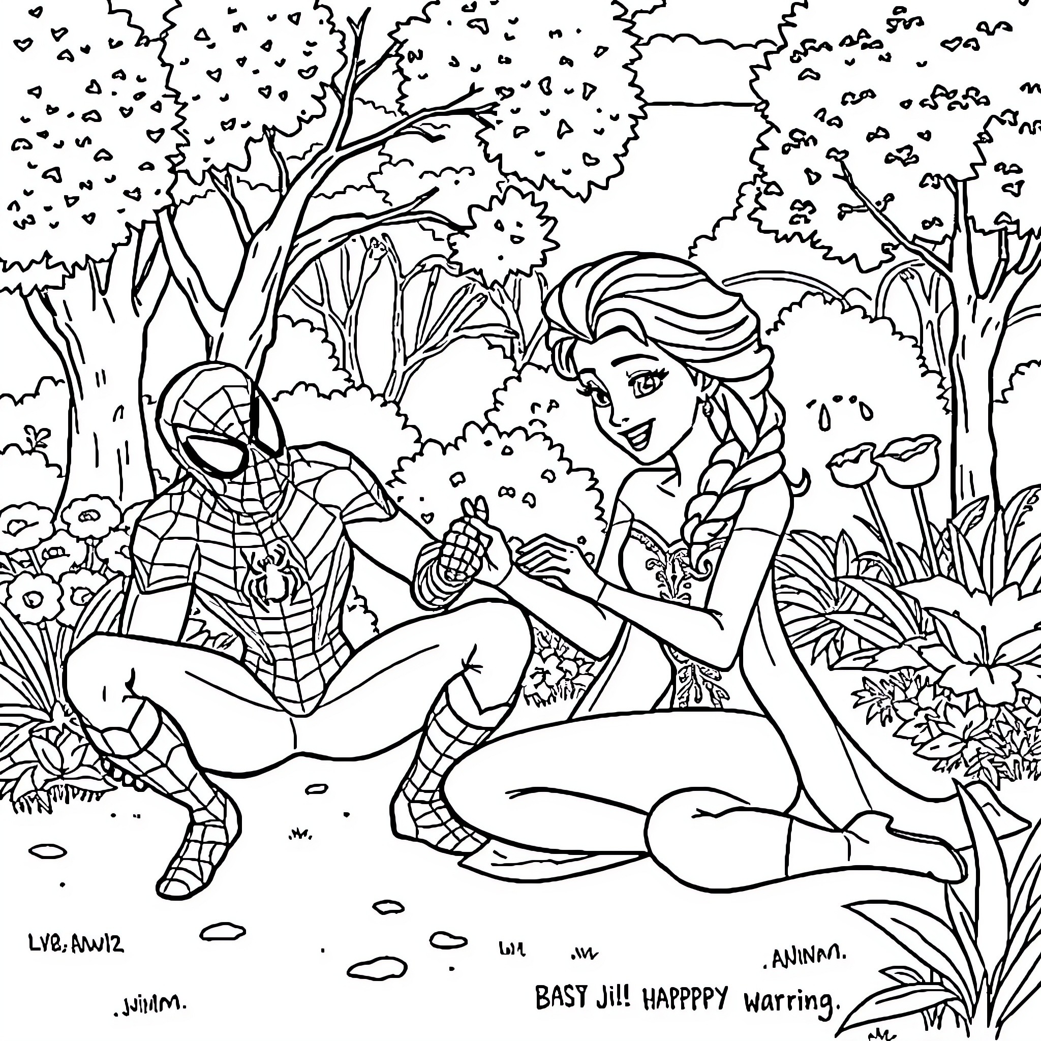 Elsa's Enchanted Encounter with Spiderman in the Forest Coloring Page (free black-and-white line drawing printable PDF for all, from beginners to advanced learners, including children, teens, adults, and seniors)