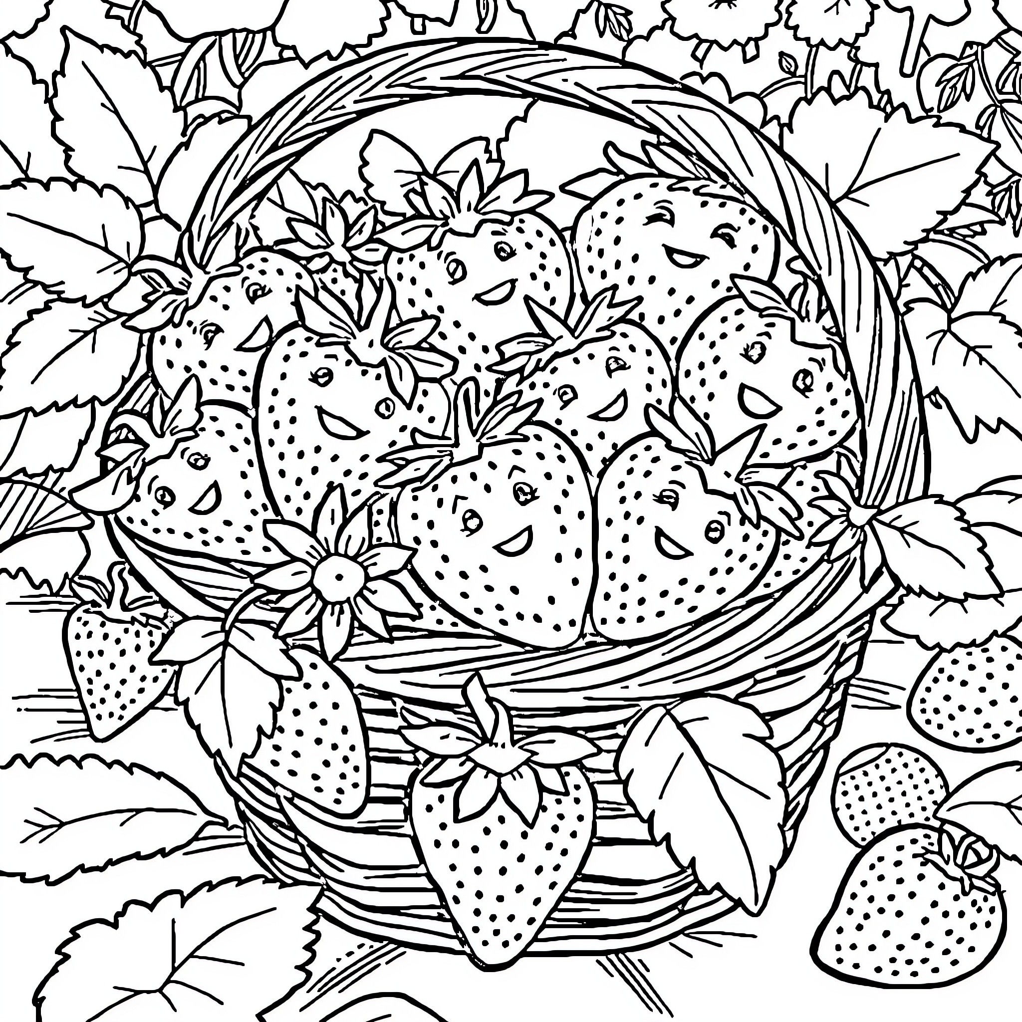 Strawberry Delight in a Woven Basket Coloring Page (free black-and-white line drawing printable PDF for all, from beginners to advanced learners, including children, teens, adults, and seniors)