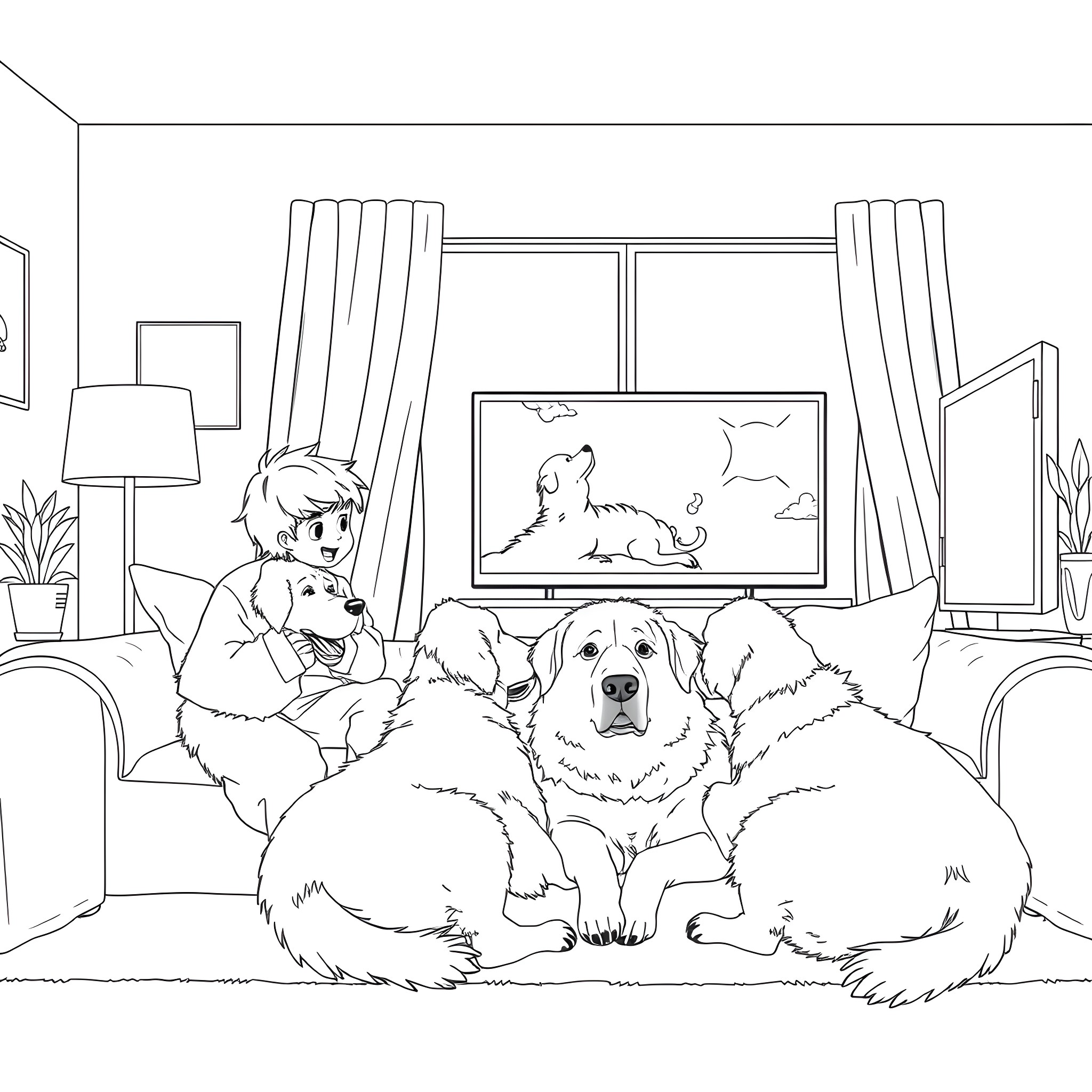 Great Pyrenees enjoying a cozy day at home Coloring Page (free black-and-white line drawing printable PDF for all, from beginners to advanced learners, including children, teens, adults, and seniors)