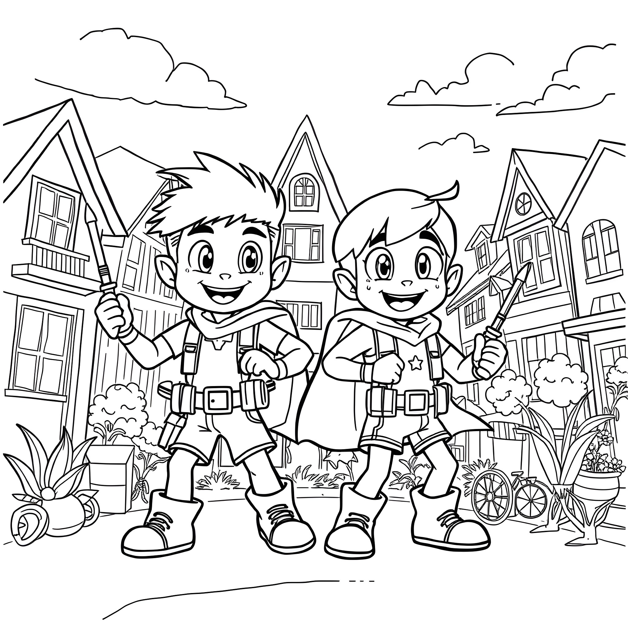Bluey and Bingo Explore the Neighborhood Coloring Page (free black-and-white line drawing printable PDF for all, from beginners to advanced learners, including children, teens, adults, and seniors)