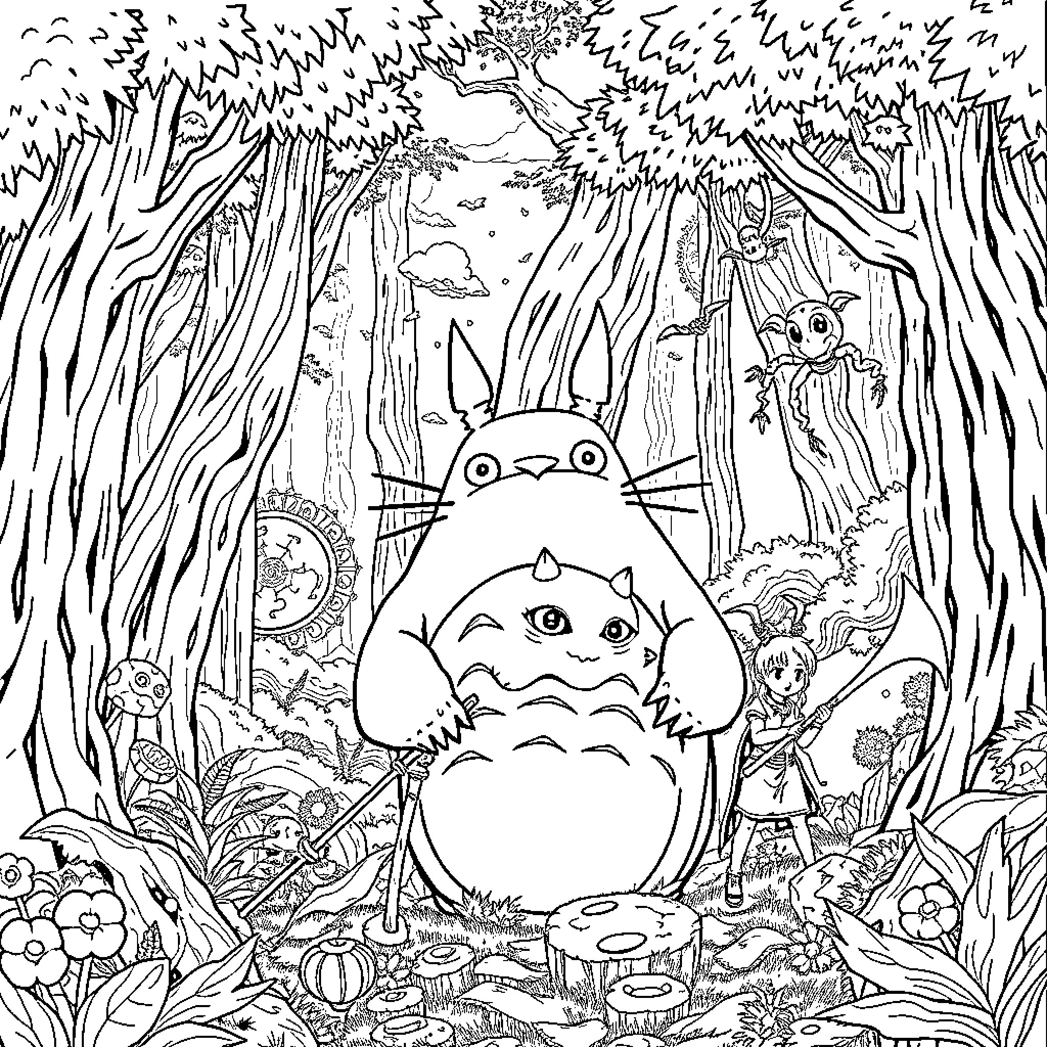 Demon Slayer Characters in Whimsical Forest Landscape Coloring Page (free black-and-white line drawing printable PDF for all, from beginners to advanced learners, including children, teens, adults, and seniors)