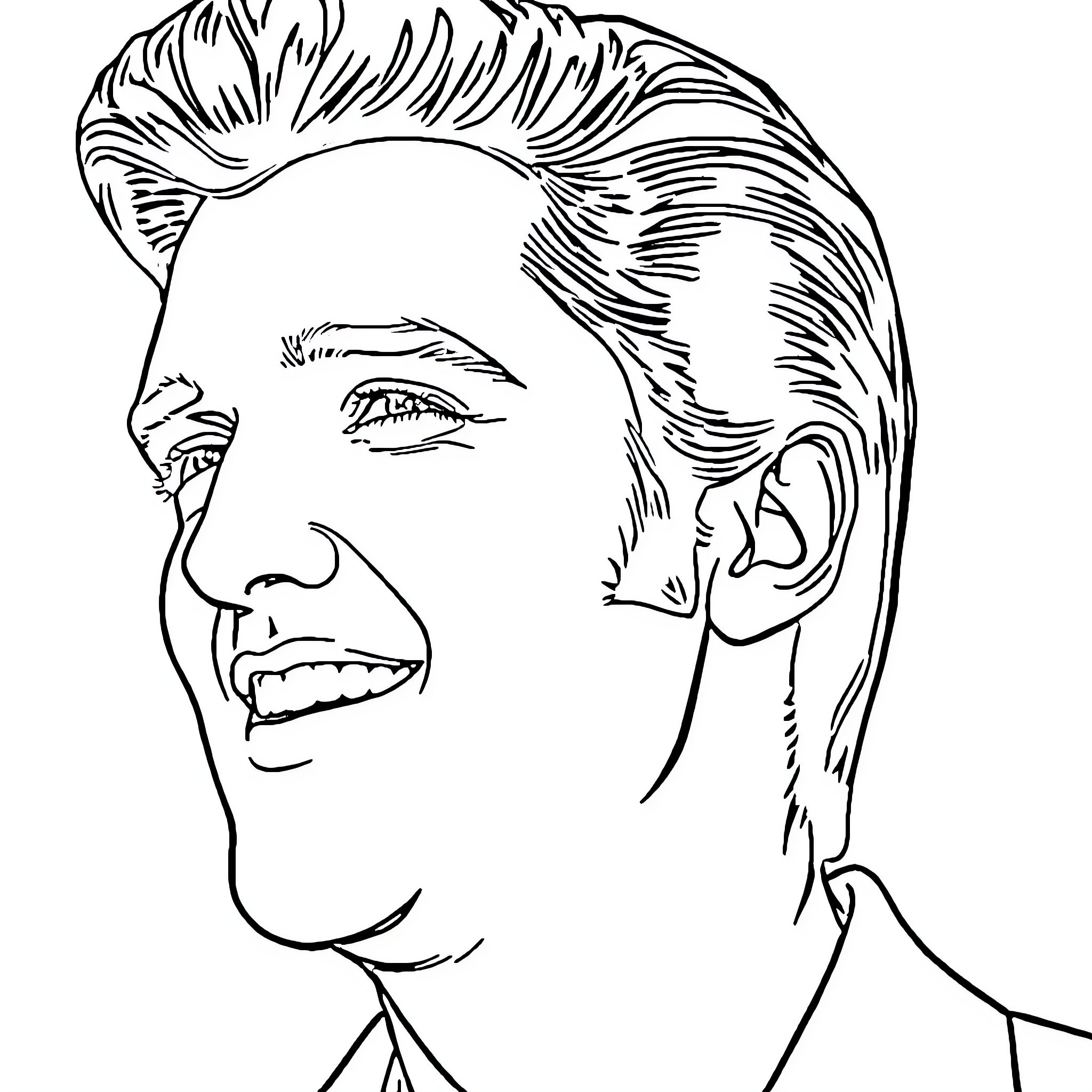 Elvis Presley's Iconic Smile and Hairstyle Coloring Page (free black-and-white line drawing printable PDF for all, from beginners to advanced learners, including children, teens, adults, and seniors)