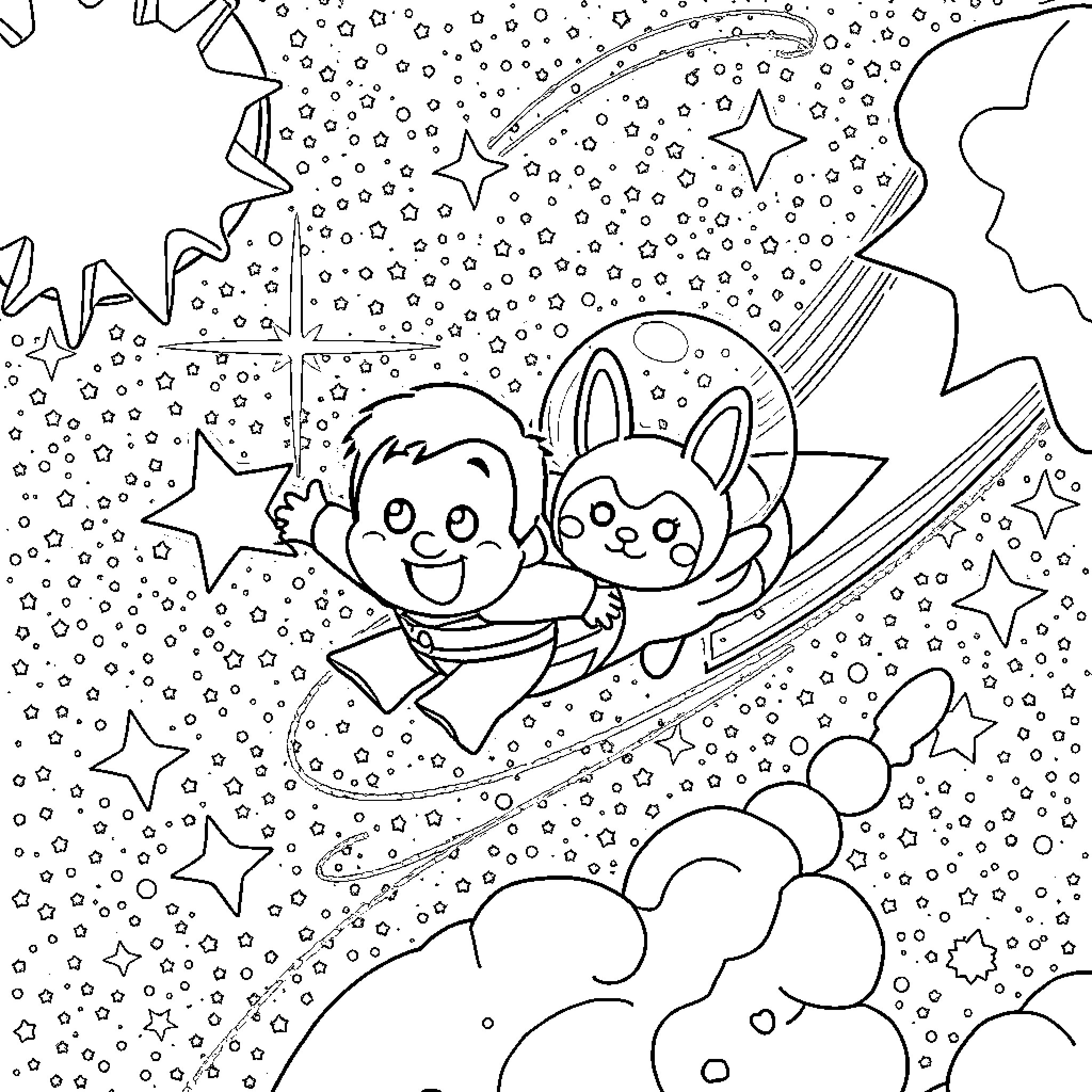 Chris Chan enjoying cosmic sled ride with friend Coloring Page (free black-and-white line drawing printable PDF for all, from beginners to advanced learners, including children, teens, adults, and seniors)