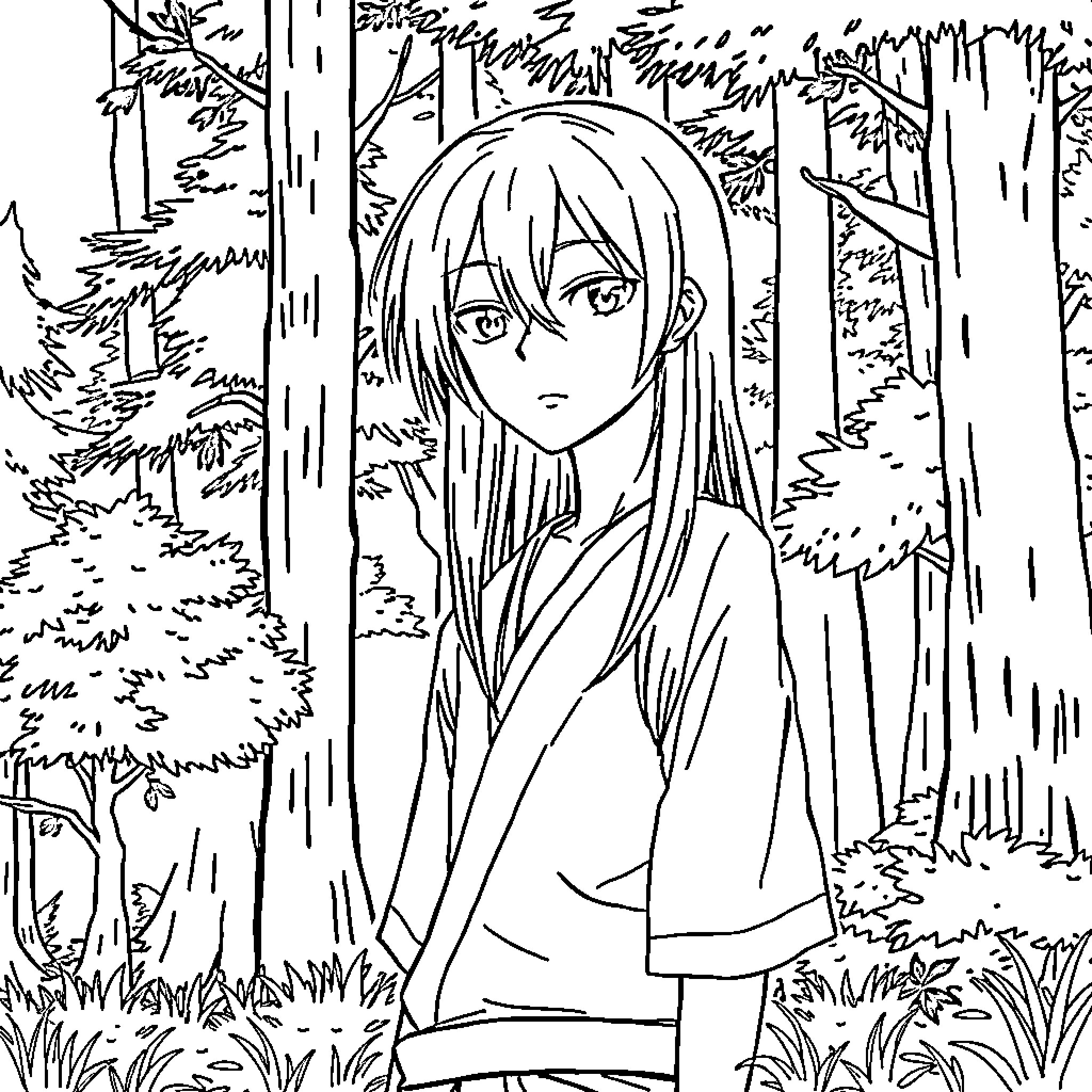 Muichiro in the Mysterious Forest Coloring Page (free black-and-white line drawing printable PDF for all, from beginners to advanced learners, including children, teens, adults, and seniors)