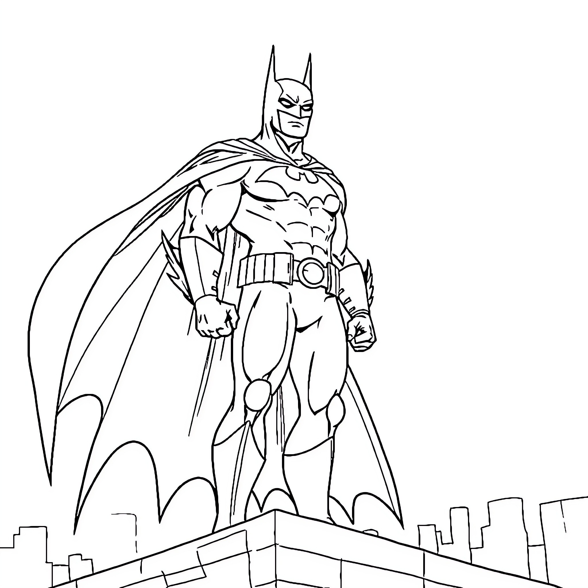 Batman surveying the city from a rooftop Coloring Page (free black-and-white line drawing printable PDF for all, from beginners to advanced learners, including children, teens, adults, and seniors)