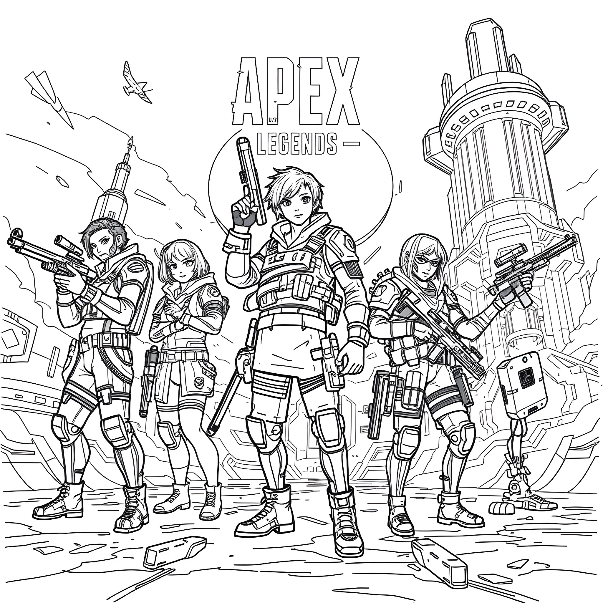 Apex Legends battle-ready squad in action Coloring Page (free black-and-white line drawing printable PDF for all, from beginners to advanced learners, including children, teens, adults, and seniors)