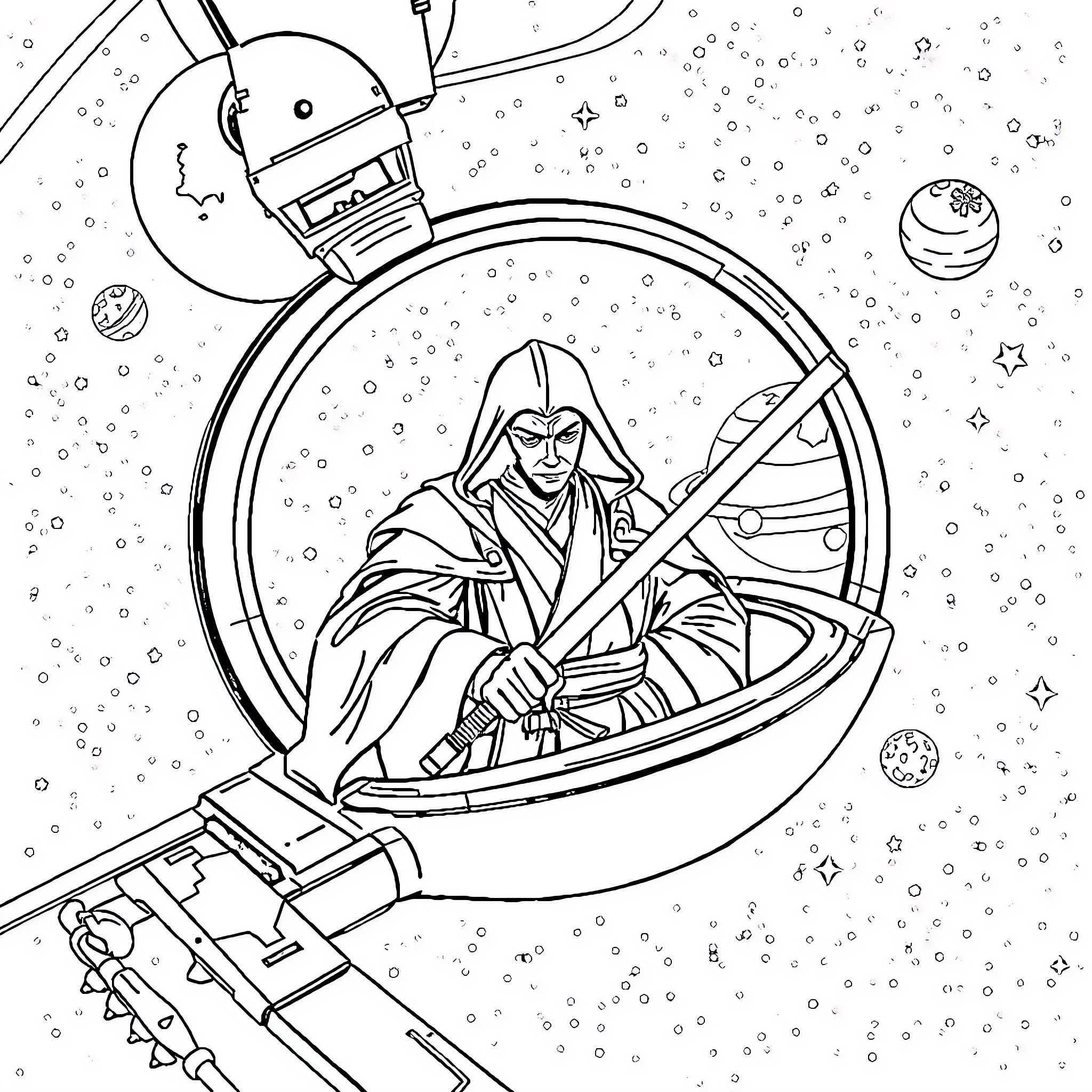 Jedi warrior in spacecraft exploring outer space Coloring Page (free black-and-white line drawing printable PDF for all, from beginners to advanced learners, including children, teens, adults, and seniors)