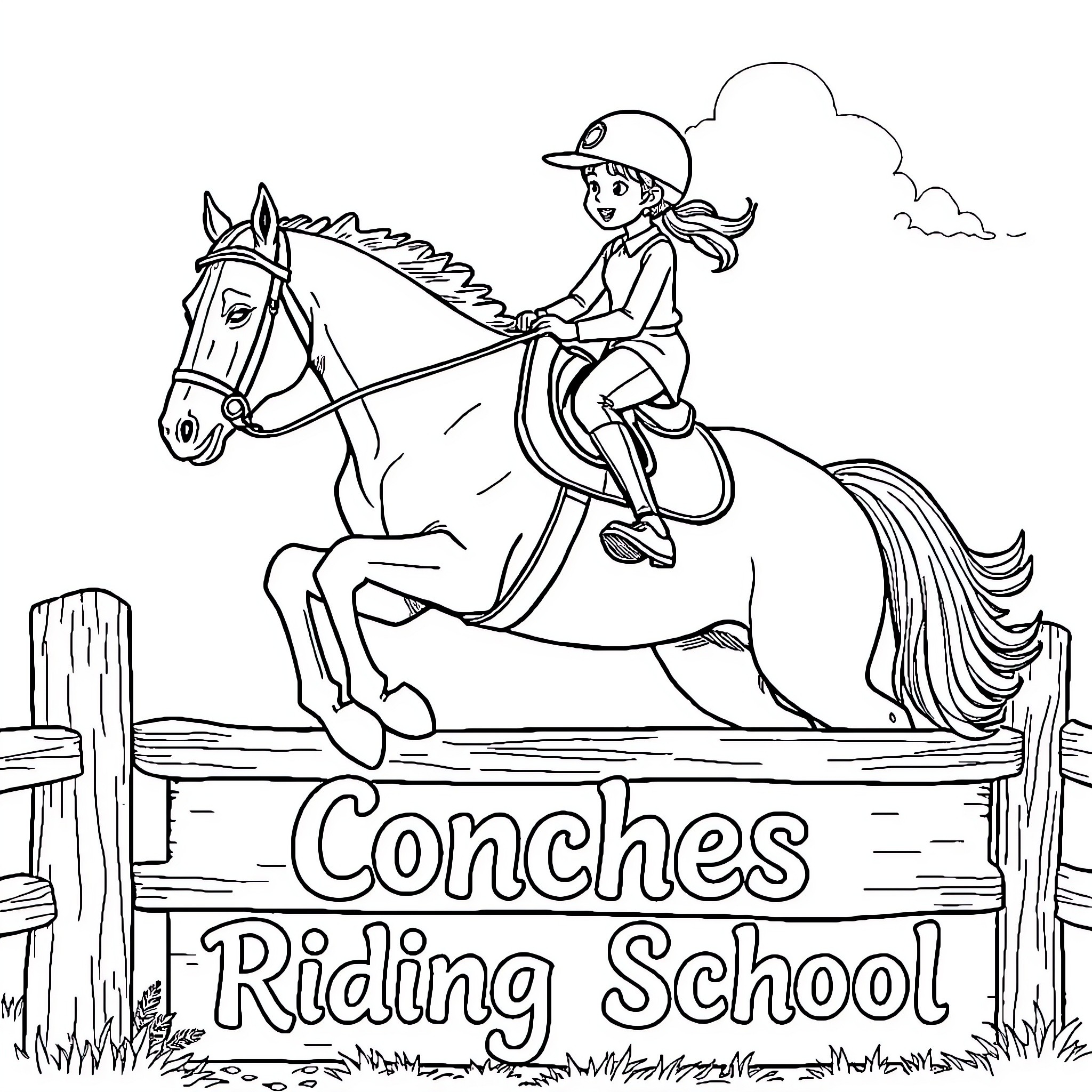 Horse and Rider at Conches Riding School Coloring Page (free black-and-white line drawing printable PDF for all, from beginners to advanced learners, including children, teens, adults, and seniors)