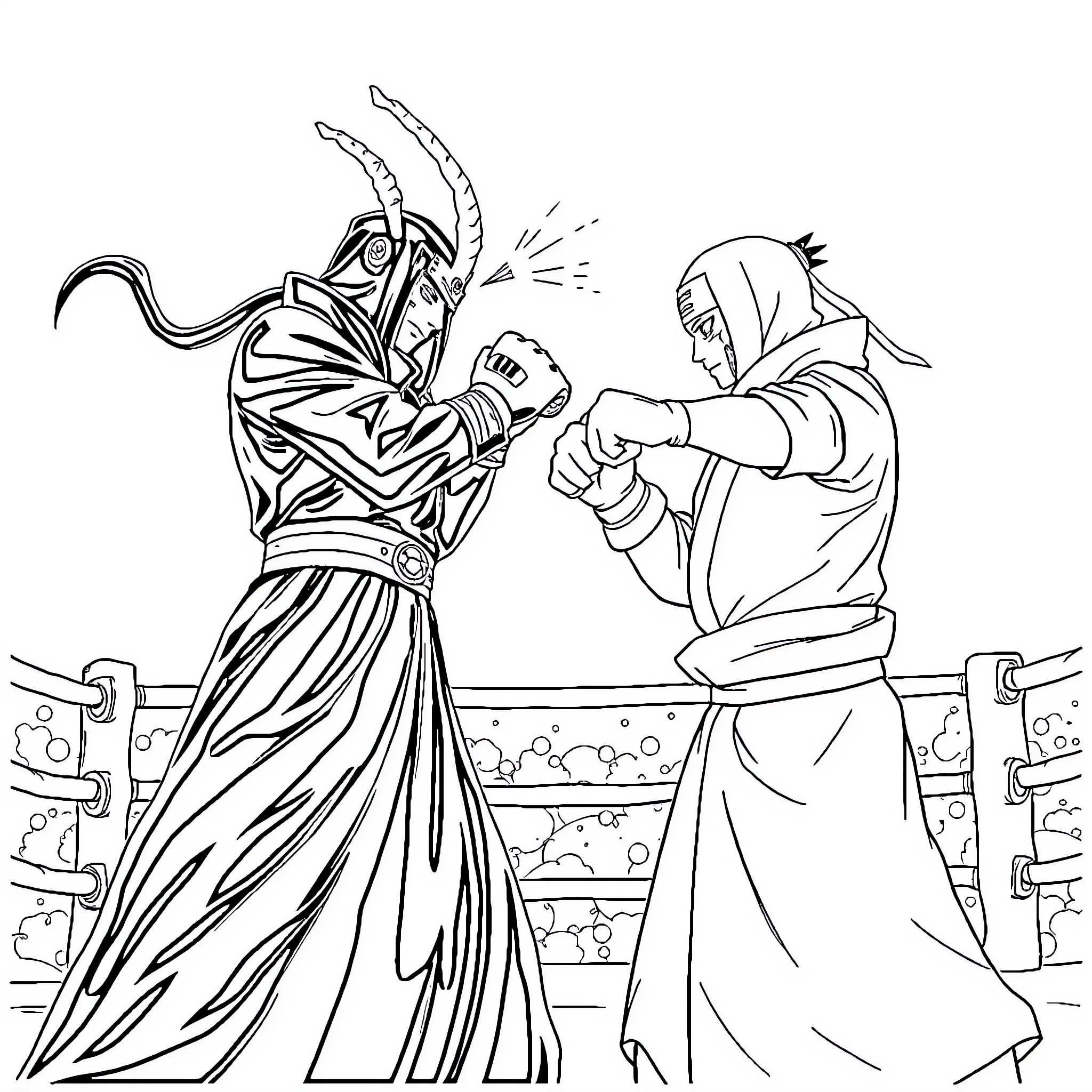 Orochimaru's Menacing Confrontation with a Formidable Opponent Coloring Page (free black-and-white line drawing printable PDF for all, from beginners to advanced learners, including children, teens, adults, and seniors)