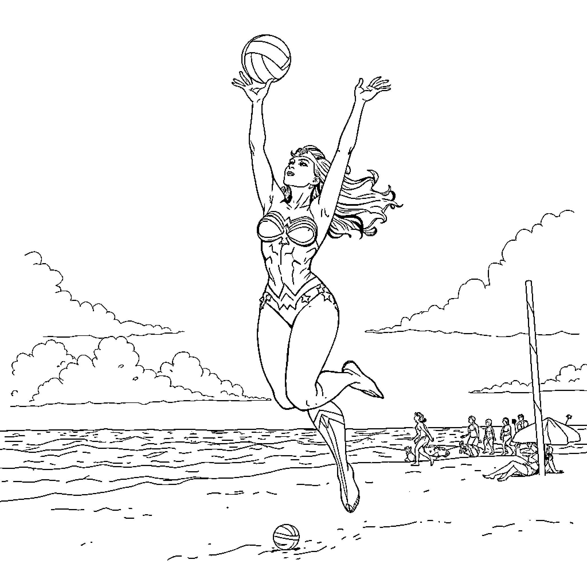 Wonder Woman playing volleyball on the beach Coloring Page (free black-and-white line drawing printable PDF for all, from beginners to advanced learners, including children, teens, adults, and seniors)