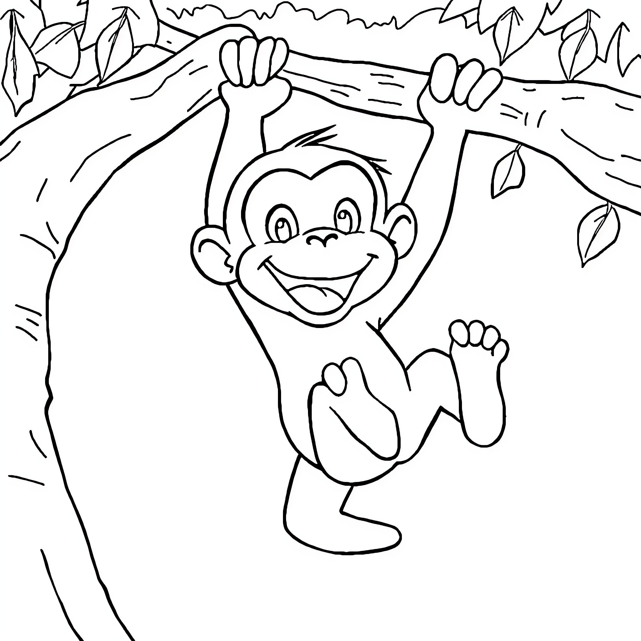 Curious George swinging happily in the jungle Coloring Page (free black-and-white line drawing printable PDF for all, from beginners to advanced learners, including children, teens, adults, and seniors)