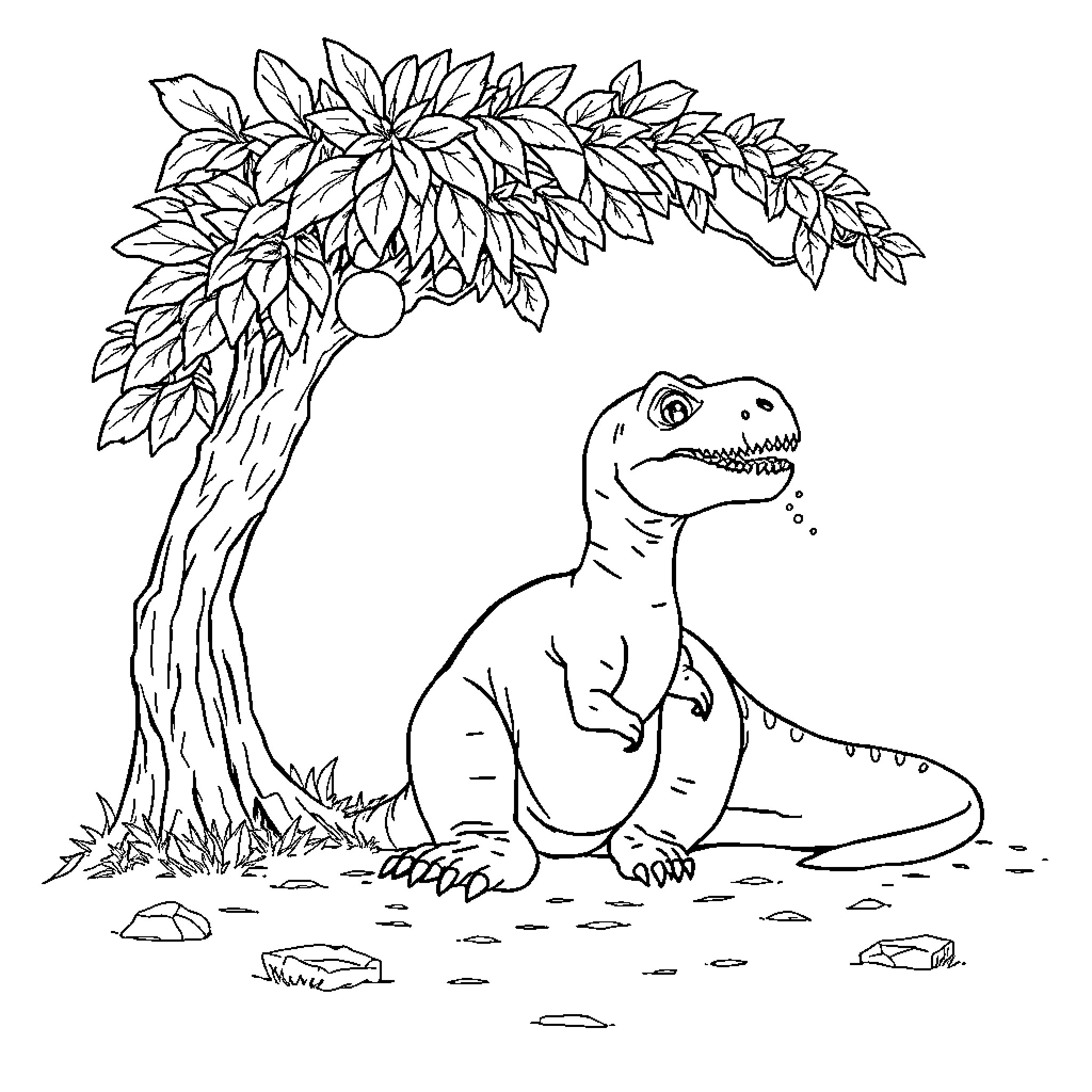 Dinosaur exploring lush foliage in natural habitat Coloring Page (free black-and-white line drawing printable PDF for all, from beginners to advanced learners, including children, teens, adults, and seniors)