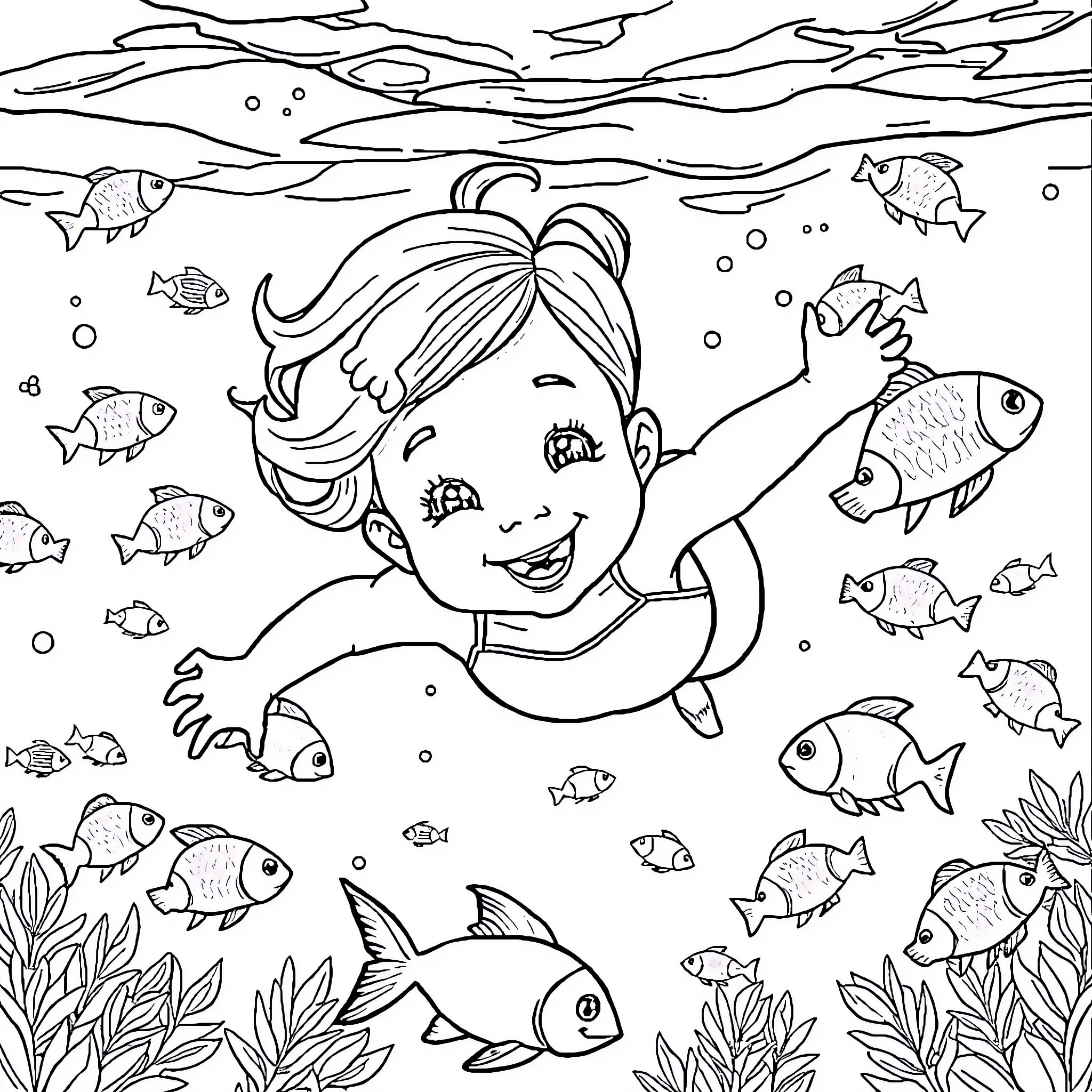 Baby Girl Playing in the Underwater Adventure Coloring Page (free black-and-white line drawing printable PDF for all, from beginners to advanced learners, including children, teens, adults, and seniors)