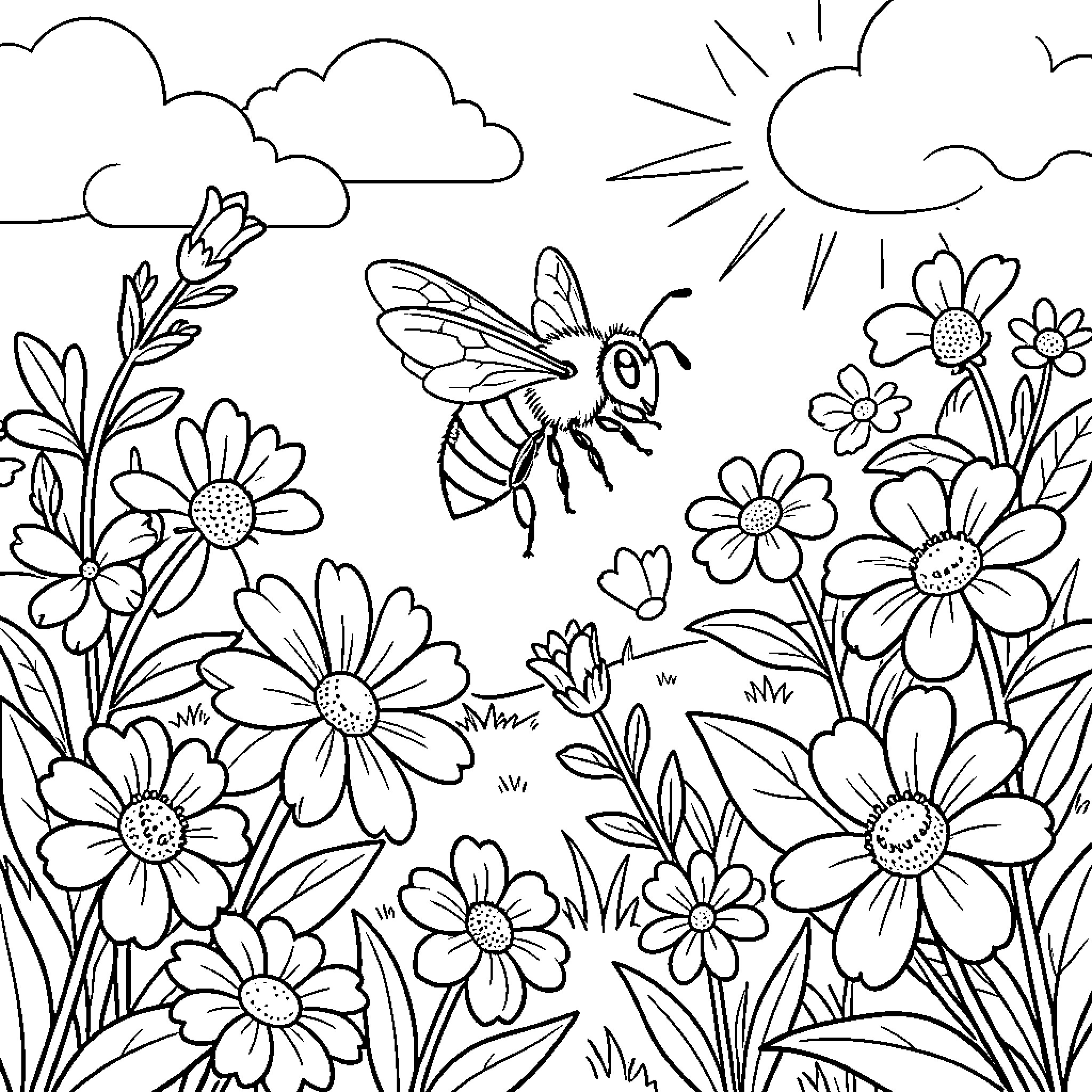 Bee flying happily among blooming garden flowers Coloring Page (free black-and-white line drawing printable PDF for all, from beginners to advanced learners, including children, teens, adults, and seniors)