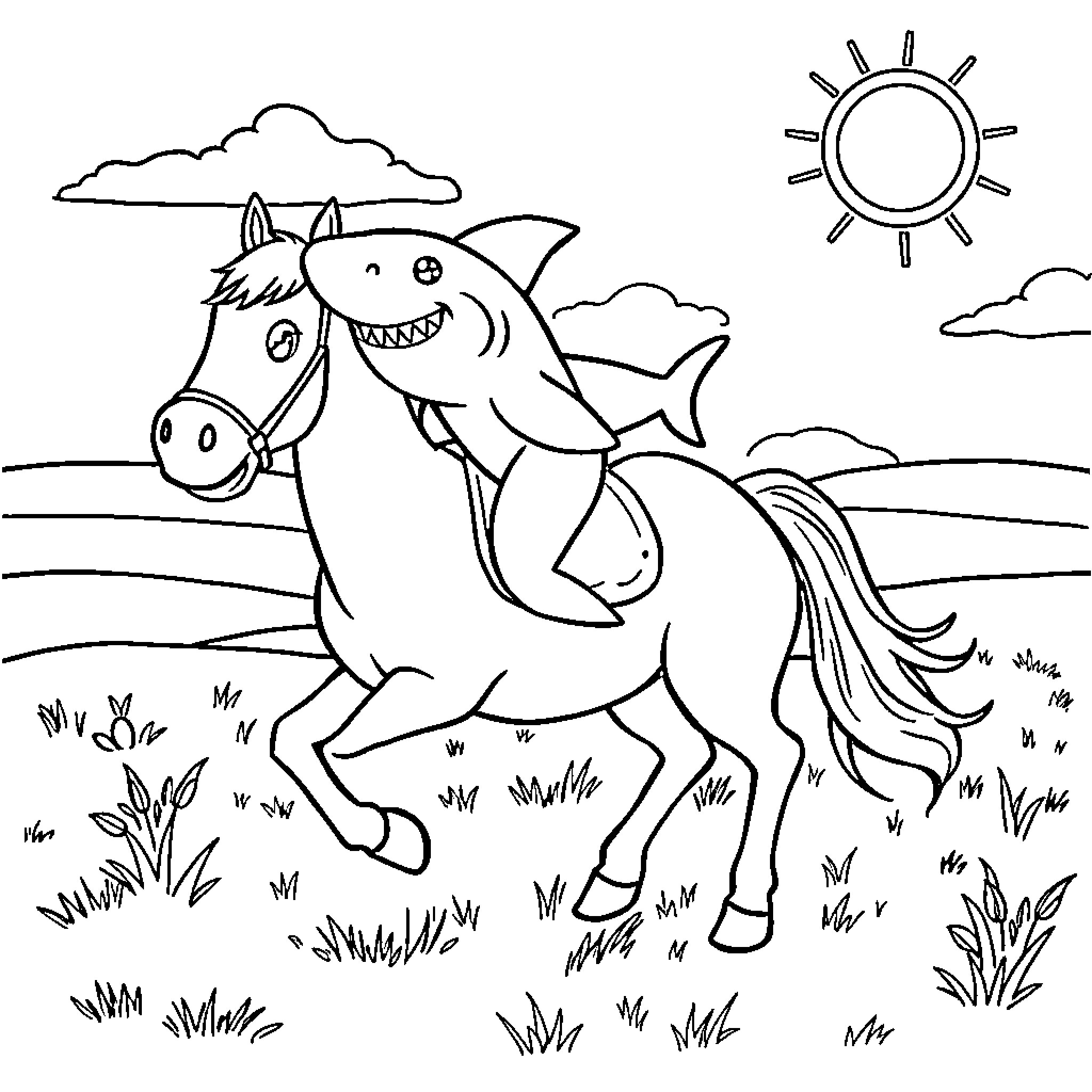 Baby Shark riding a happy horse in the countryside Coloring Page (free black-and-white line drawing printable PDF for all, from beginners to advanced learners, including children, teens, adults, and seniors)
