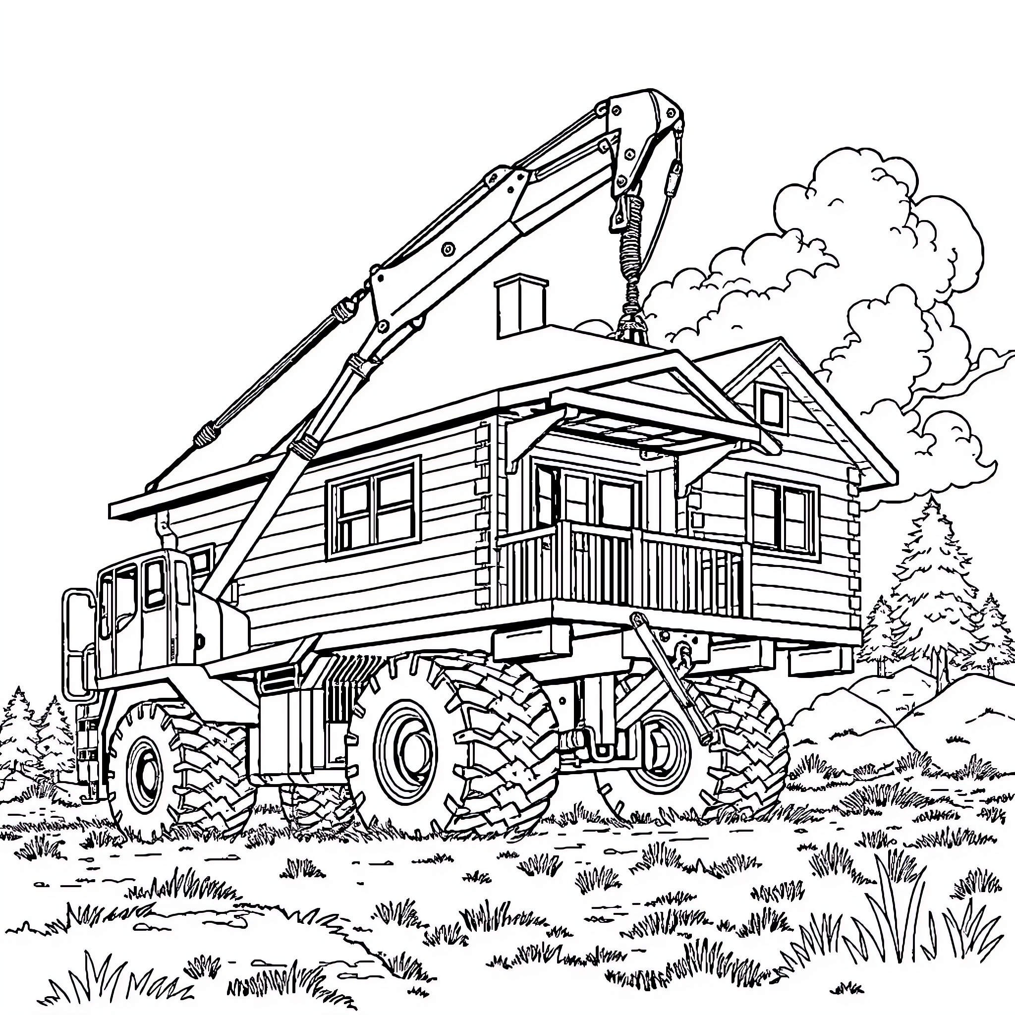 Crane lifting rustic cabin in forest Coloring Page (free black-and-white line drawing printable PDF for all, from beginners to advanced learners, including children, teens, adults, and seniors)