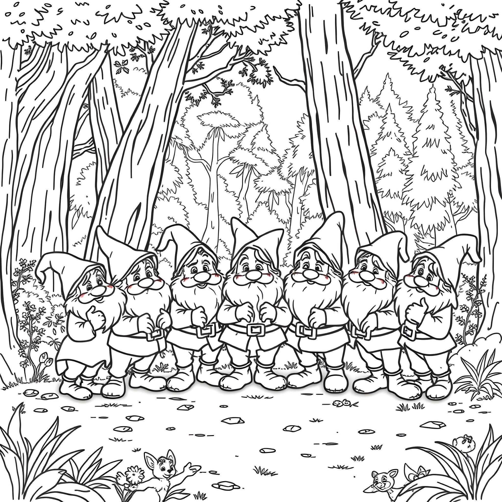 Dwarf gnomes exploring the enchanted forest Coloring Page (free black-and-white line drawing printable PDF for all, from beginners to advanced learners, including children, teens, adults, and seniors)