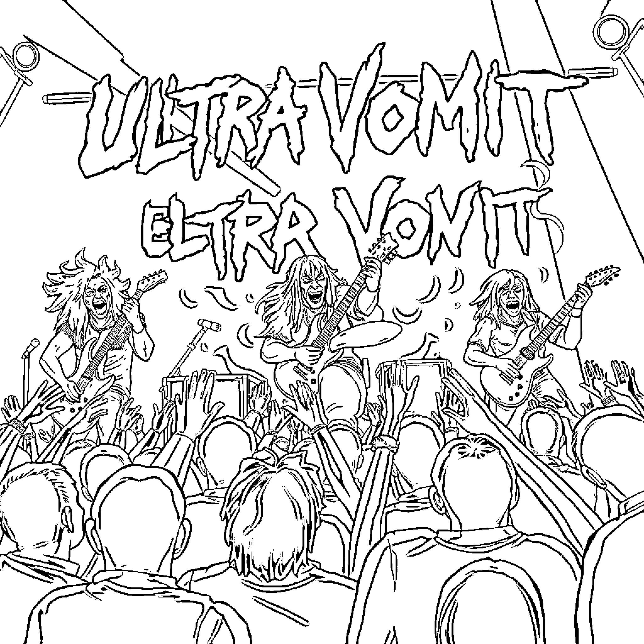 Ultra Vomit: Heavy Metal Band Performing on Stage Coloring Page (free black-and-white line drawing printable PDF for all, from beginners to advanced learners, including children, teens, adults, and seniors)