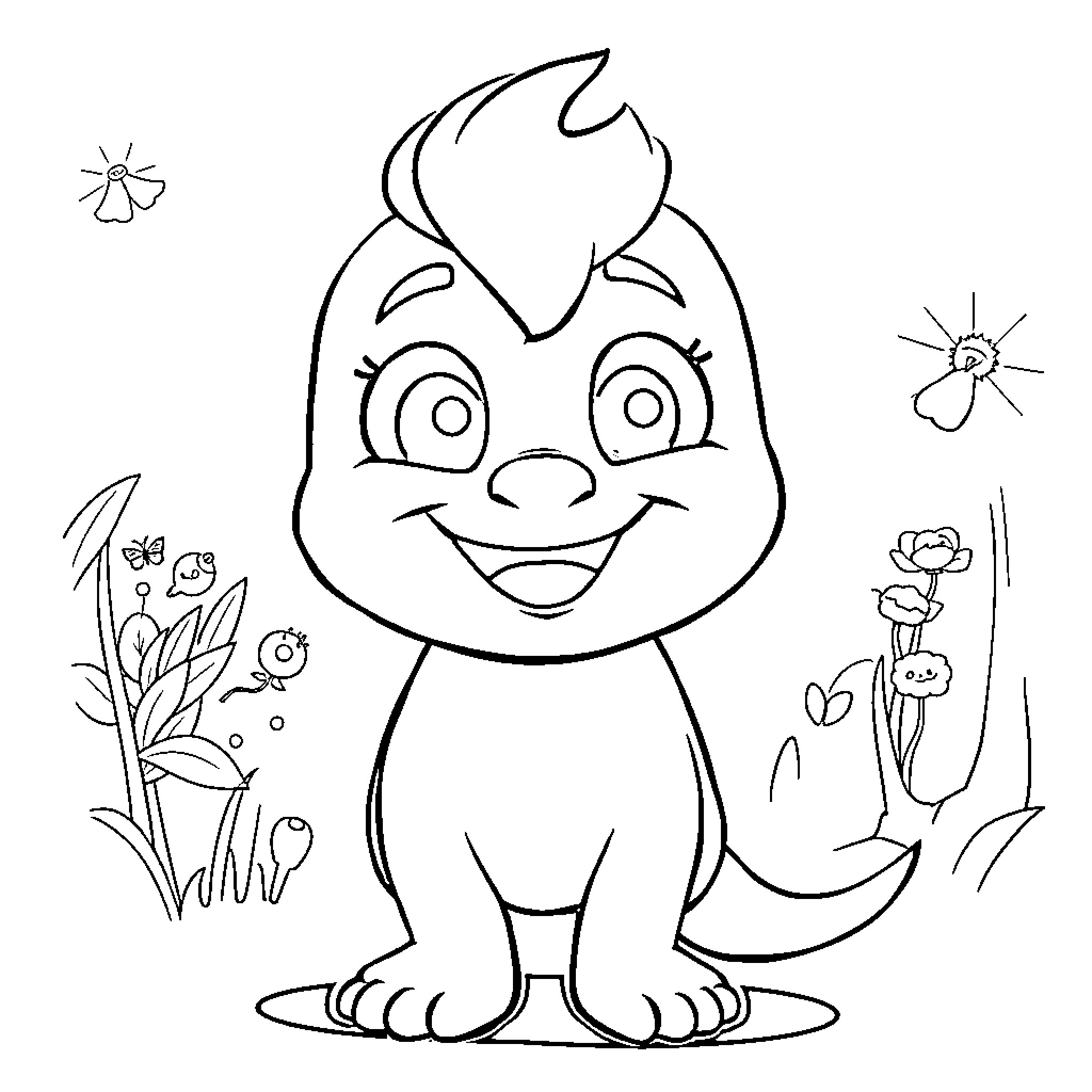 Bluye the happy creature surrounded by flowers Coloring Page (free black-and-white line drawing printable PDF for all, from beginners to advanced learners, including children, teens, adults, and seniors)