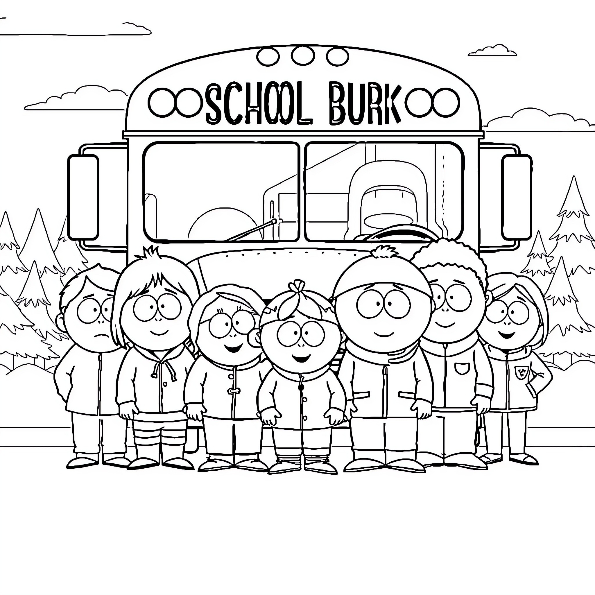 South Park Kids at School Bus Coloring Page (free black-and-white line drawing printable PDF for all, from beginners to advanced learners, including children, teens, adults, and seniors)