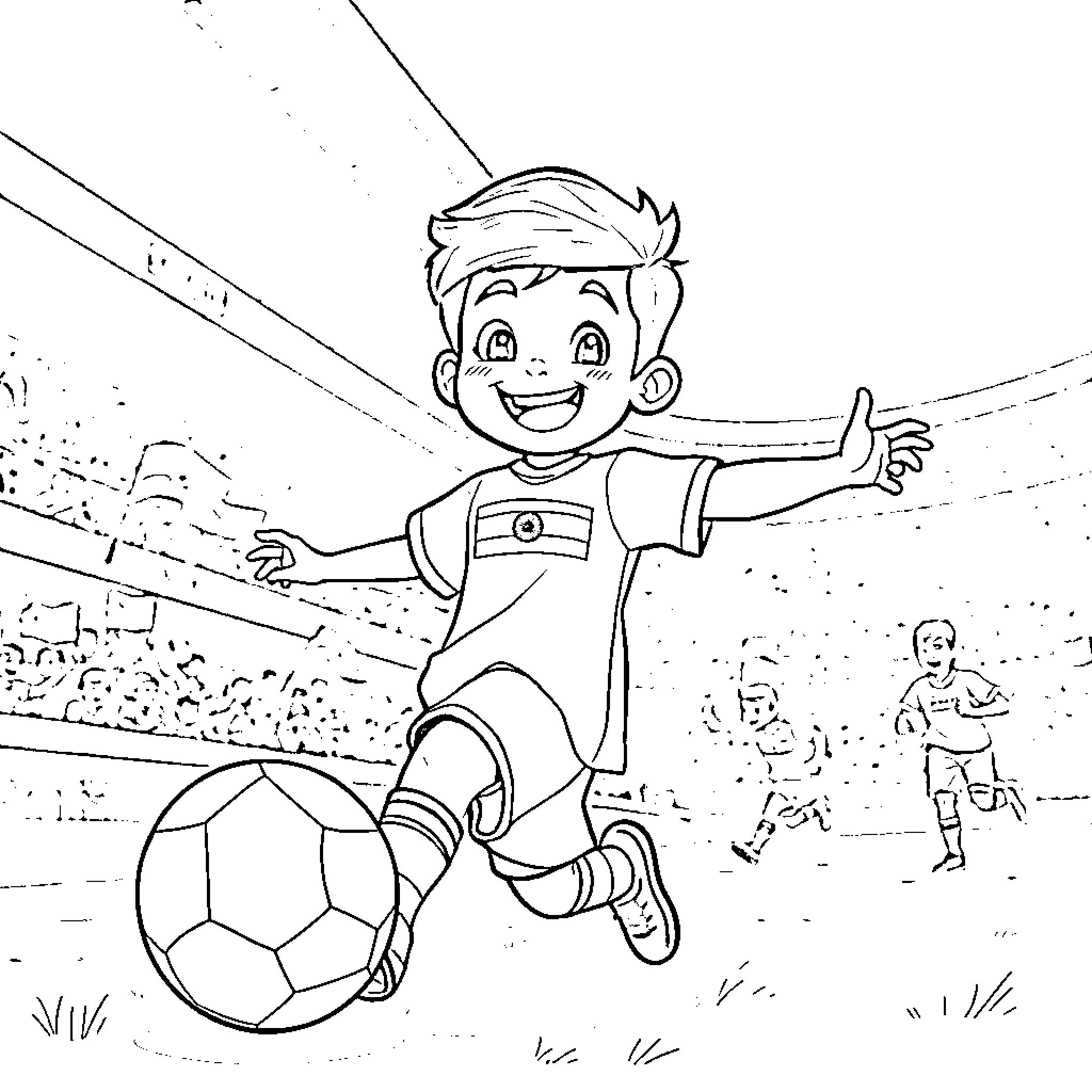 Boy happily playing soccer on the field Coloring Page (free black-and-white line drawing printable PDF for all, from beginners to advanced learners, including children, teens, adults, and seniors)