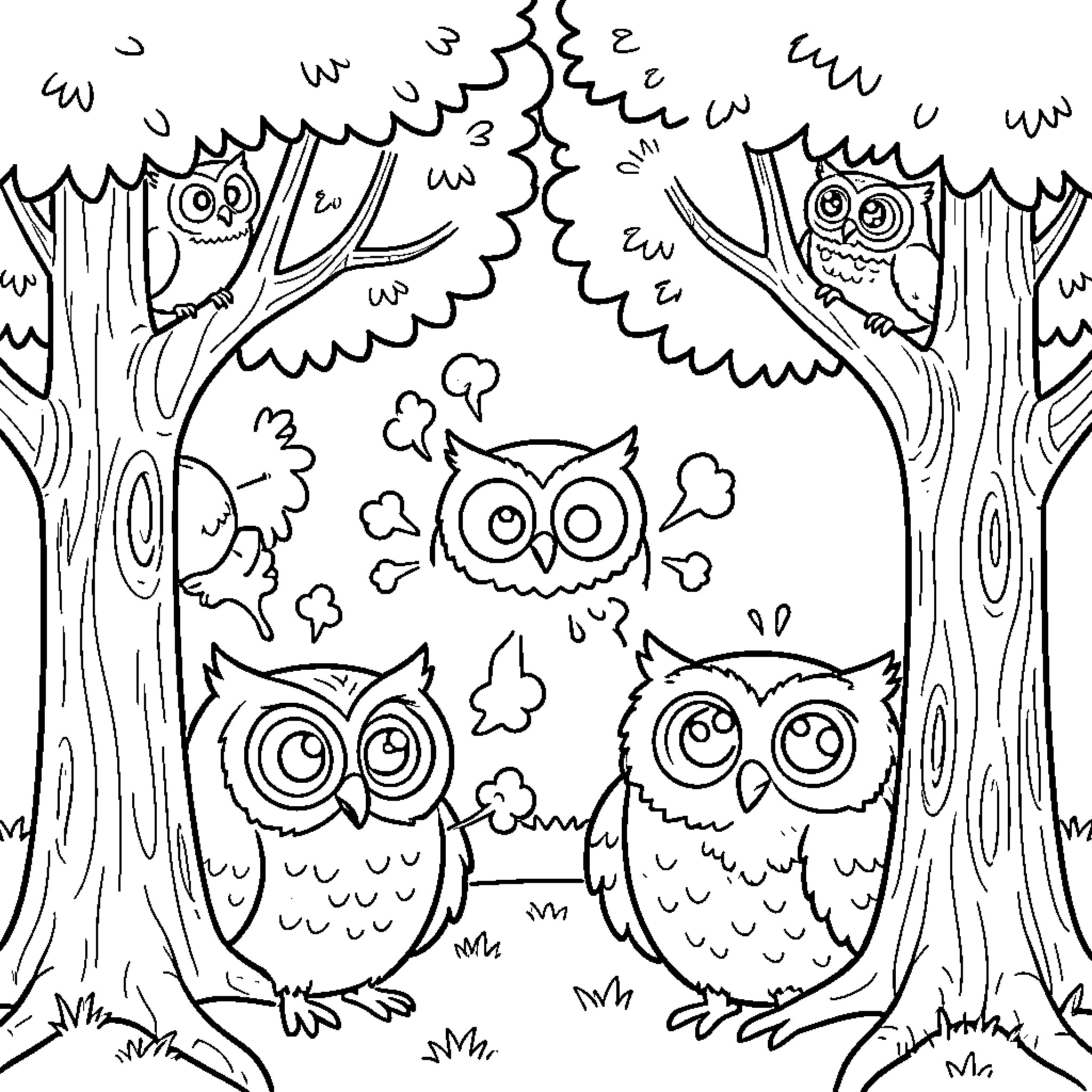 Owl Family Enjoying a Moonlit Forest Scene Coloring Page (free black-and-white line drawing printable PDF for all, from beginners to advanced learners, including children, teens, adults, and seniors)