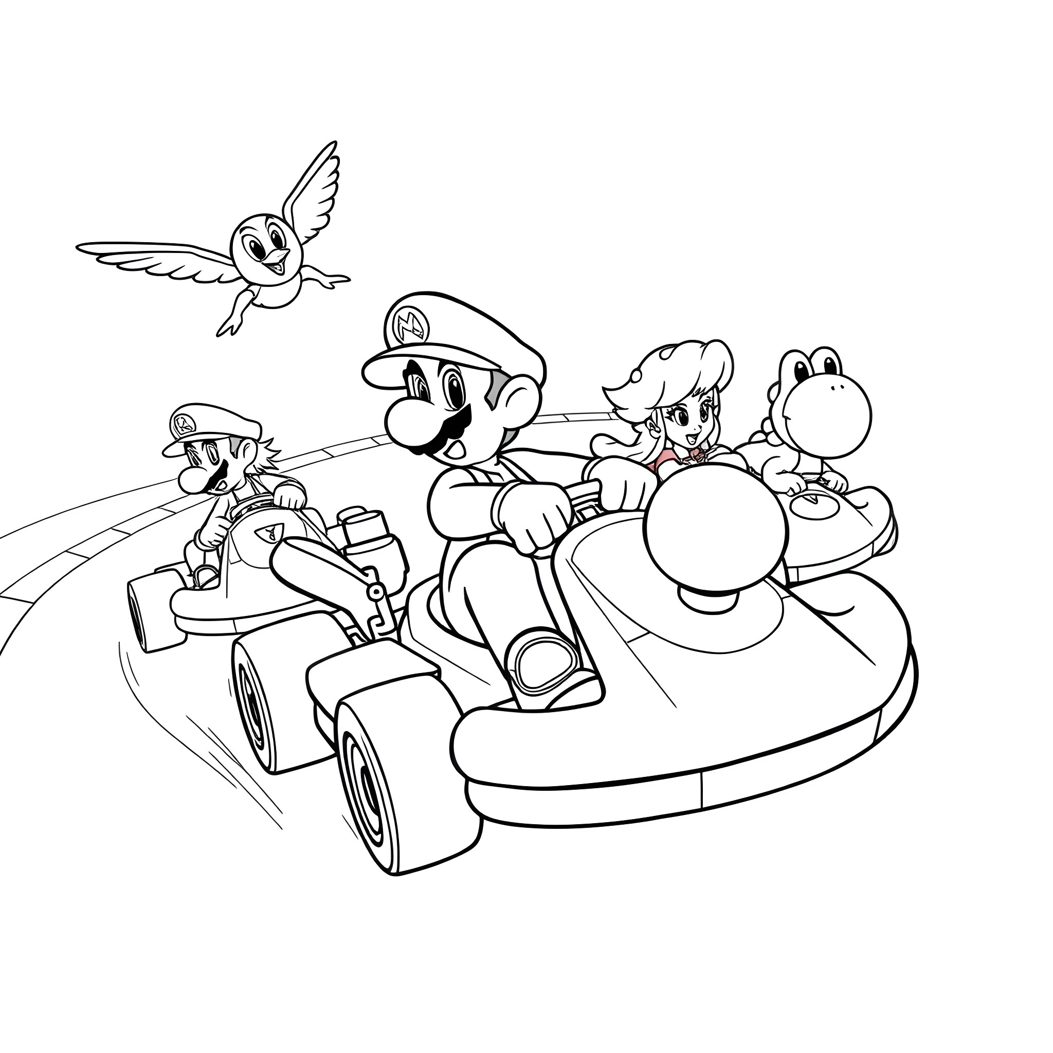 Mario Kart racing with friends Coloring Page (free black-and-white line drawing printable PDF for all, from beginners to advanced learners, including children, teens, adults, and seniors)