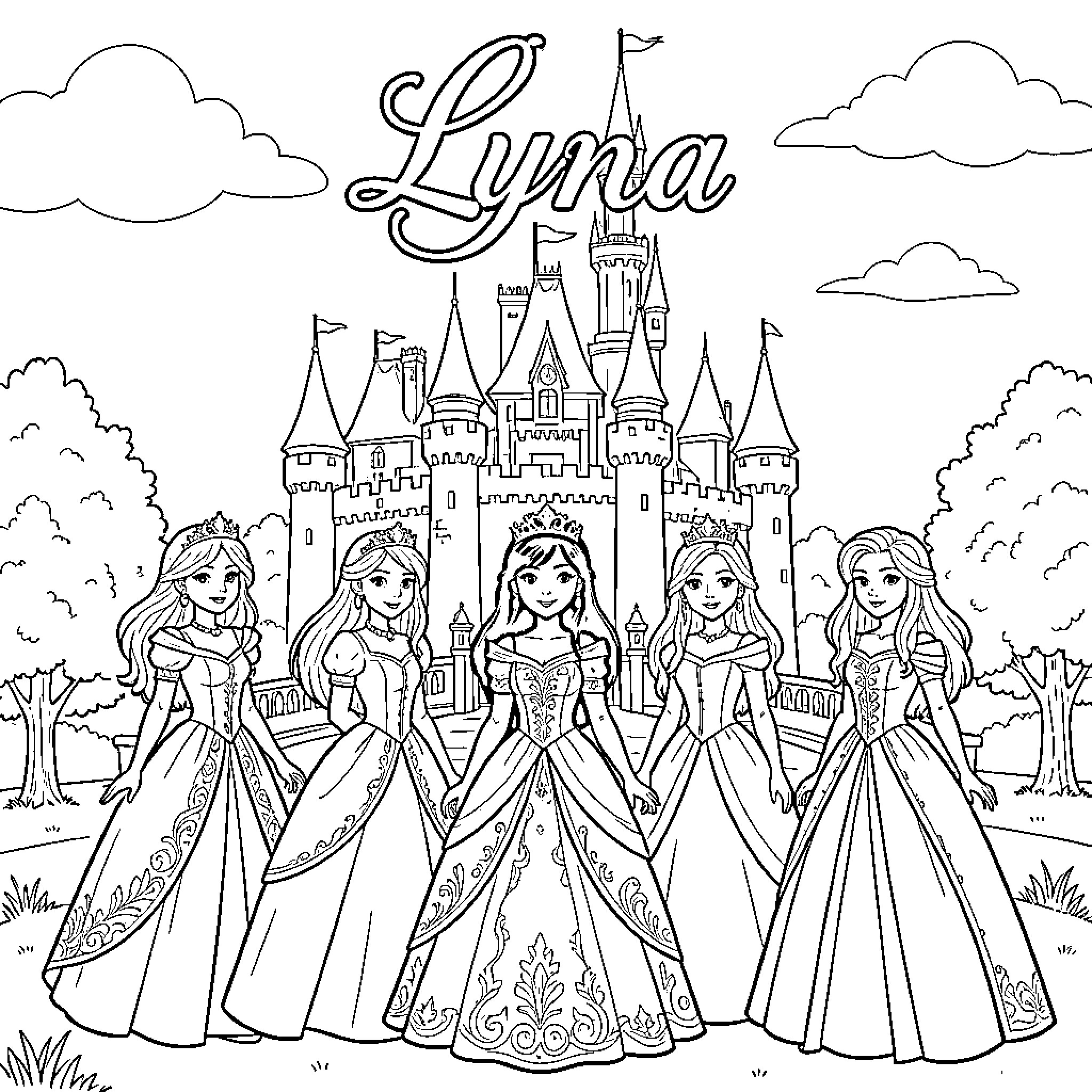 Princesses standing gracefully in front of a castle Coloring Page (free black-and-white line drawing printable PDF for all, from beginners to advanced learners, including children, teens, adults, and seniors)