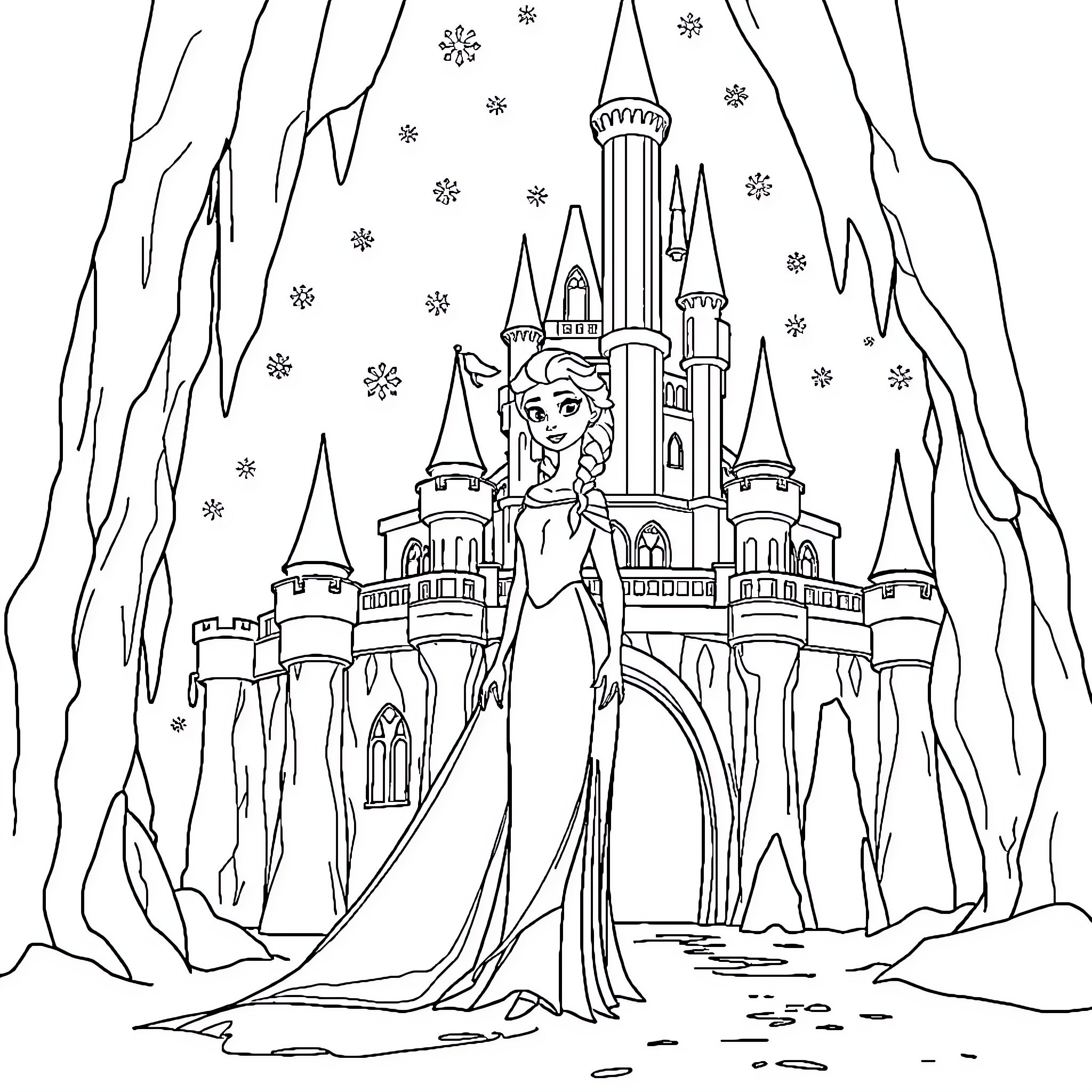 Elsa's Icy Castle Wonderland Coloring Page (free black-and-white line drawing printable PDF for all, from beginners to advanced learners, including children, teens, adults, and seniors)