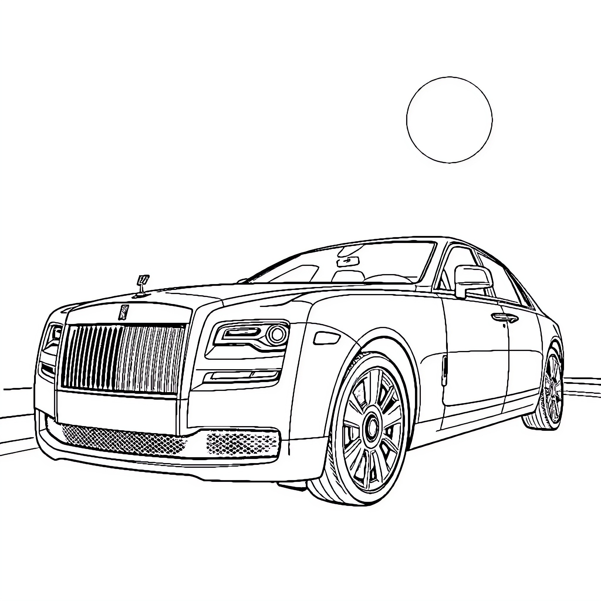 Rolls Royce luxury sedan in detailed sketch Coloring Page (free black-and-white line drawing printable PDF for all, from beginners to advanced learners, including children, teens, adults, and seniors)