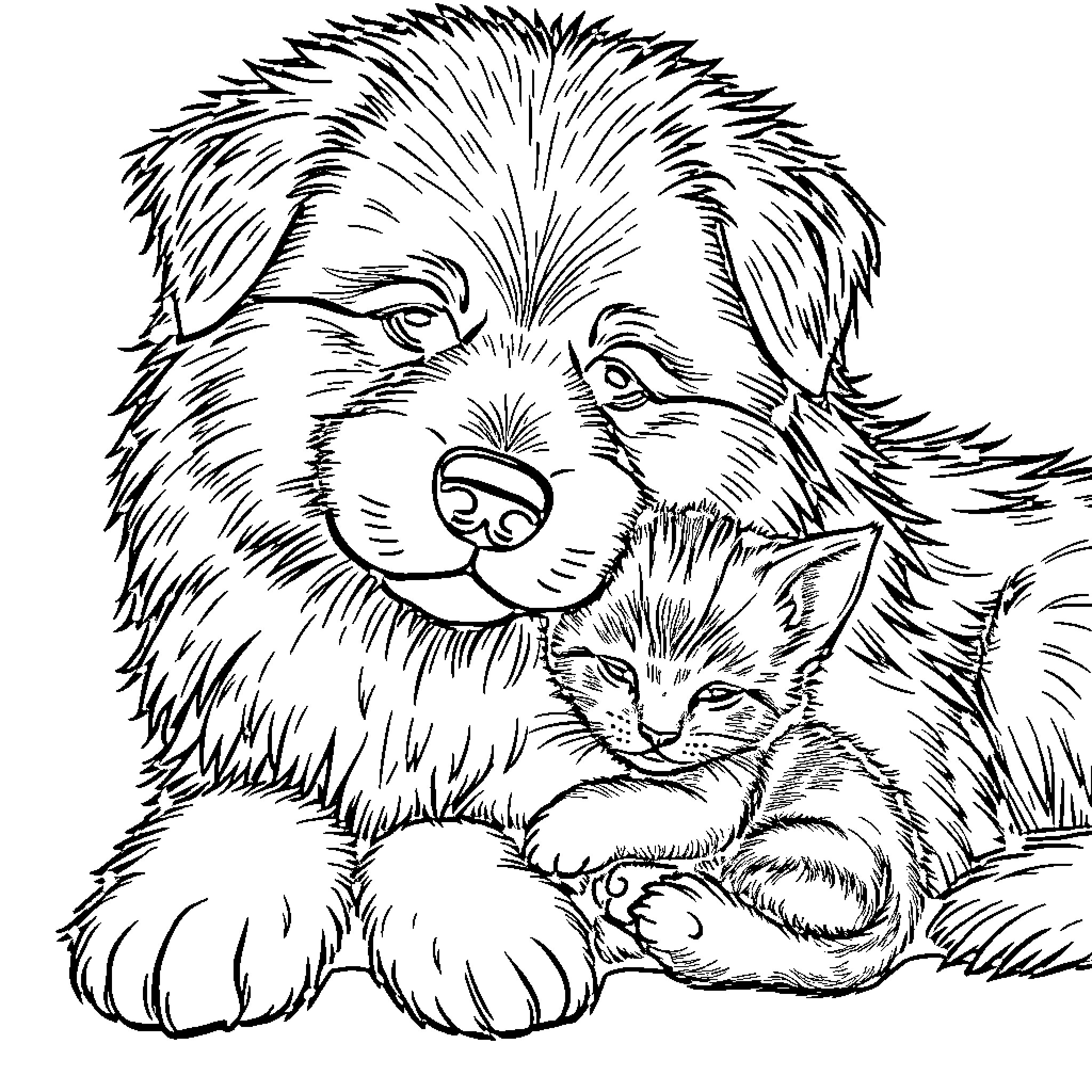 Dog and cat cuddling together happily Coloring Page (free black-and-white line drawing printable PDF for all, from beginners to advanced learners, including children, teens, adults, and seniors)