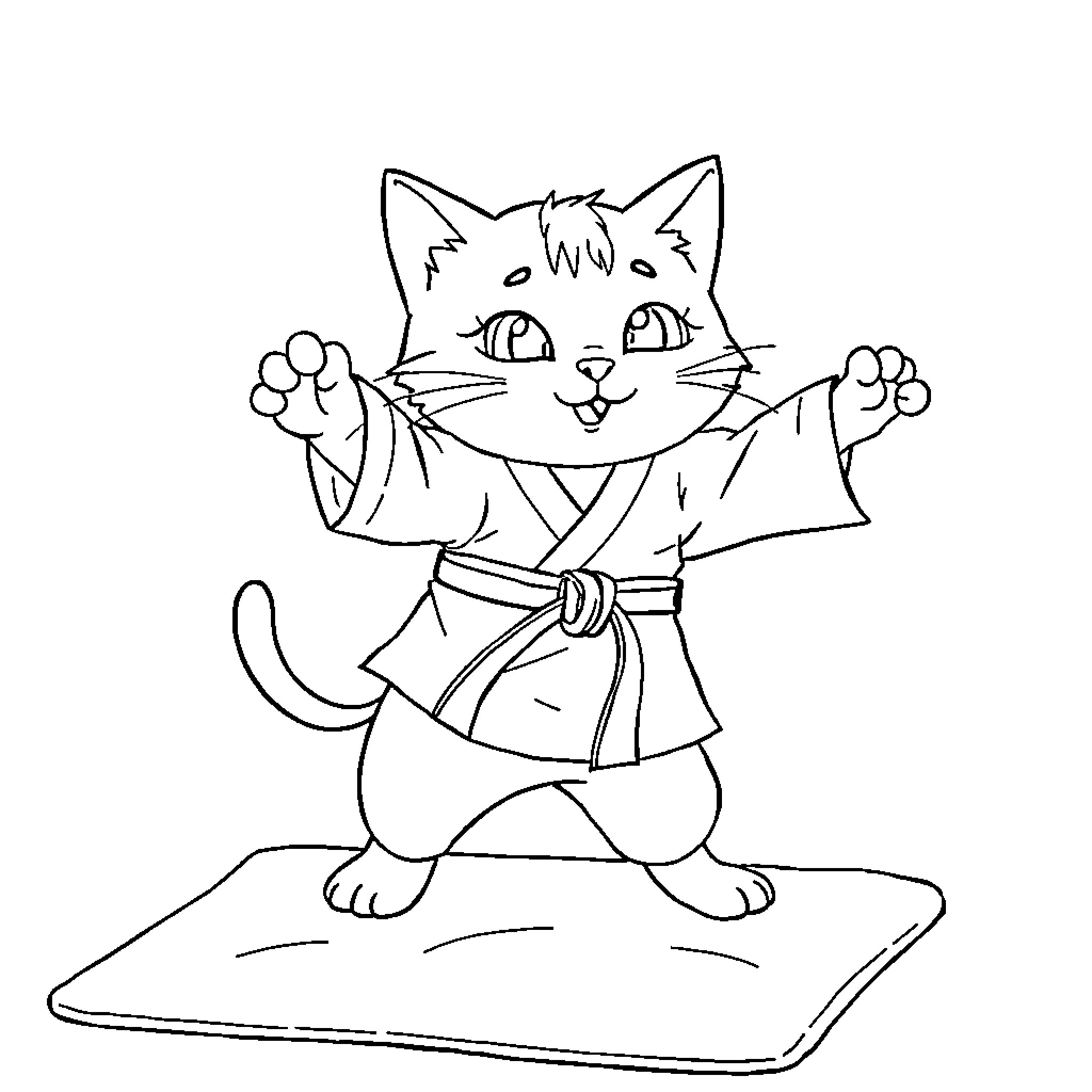 Cat ninja in action pose Coloring Page (free black-and-white line drawing printable PDF for all, from beginners to advanced learners, including children, teens, adults, and seniors)