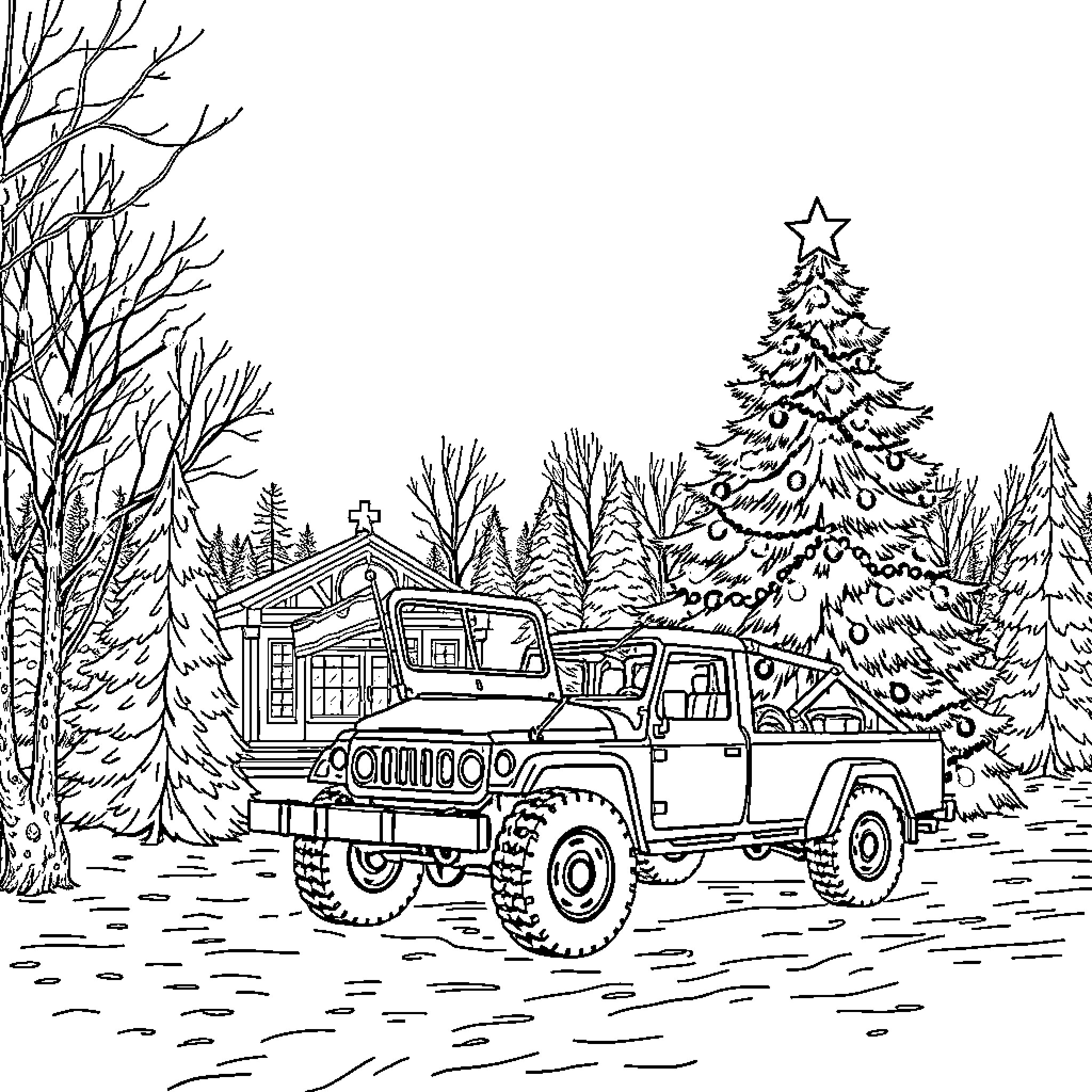 Off-road adventure in a winter wonderland Coloring Page (free black-and-white line drawing printable PDF for all, from beginners to advanced learners, including children, teens, adults, and seniors)