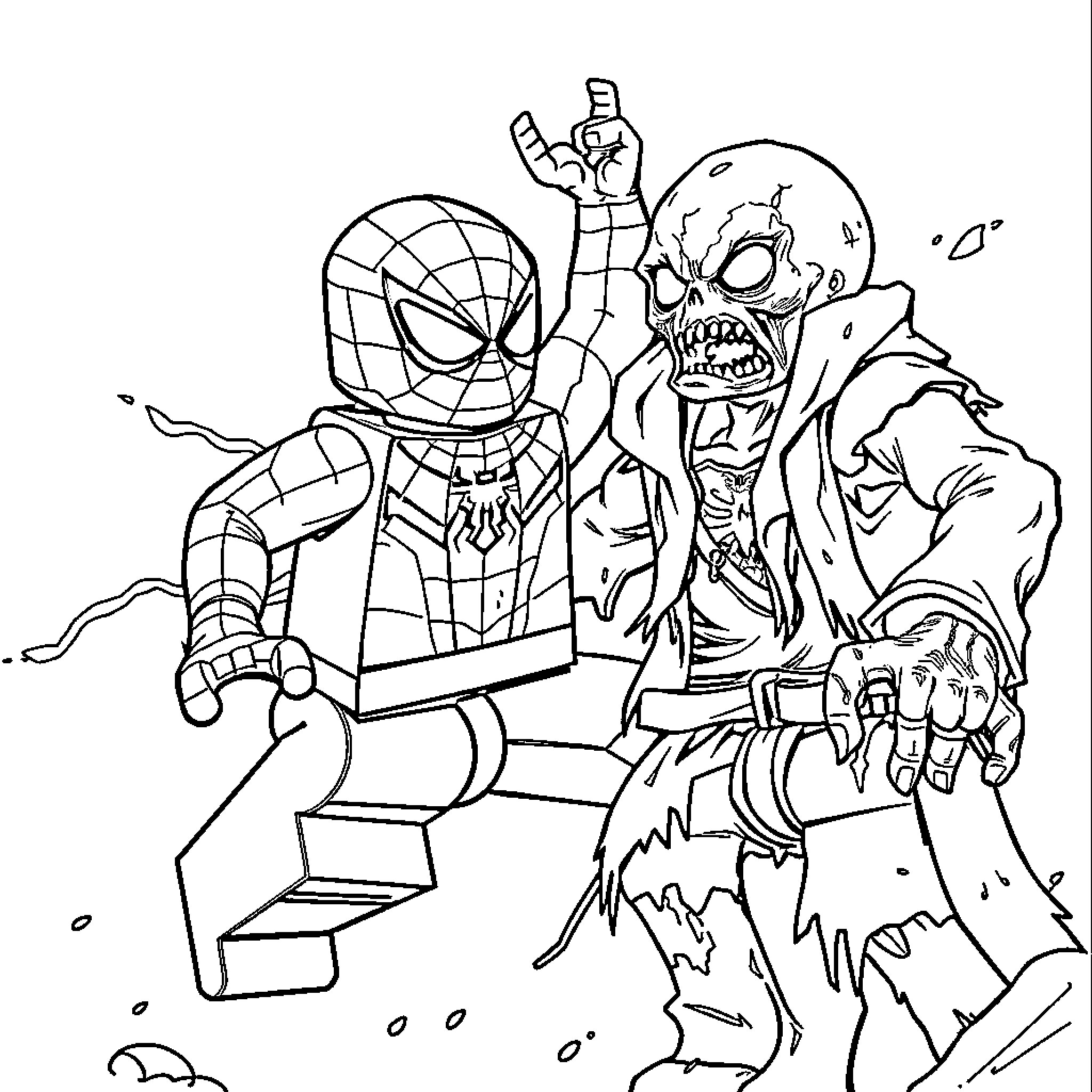 Lego Spiderman battles a zombie-like creature Coloring Page (free black-and-white line drawing printable PDF for all, from beginners to advanced learners, including children, teens, adults, and seniors)