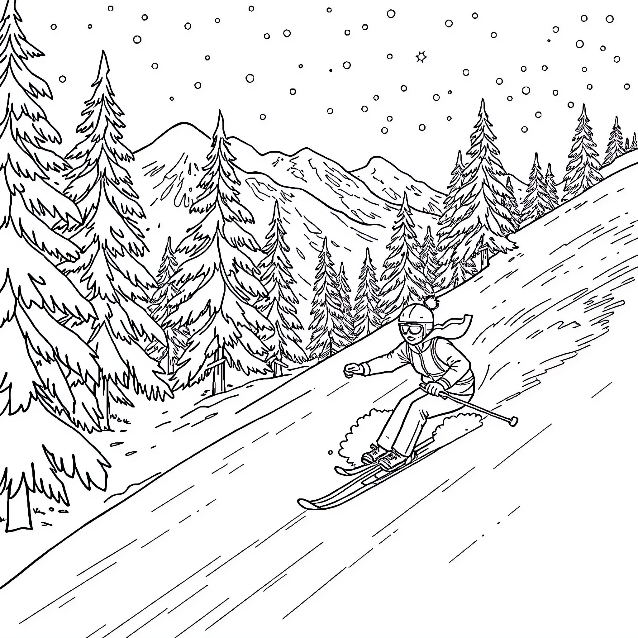 Rapunzel skiing down snowy mountain slopes Coloring Page (free black-and-white line drawing printable PDF for all, from beginners to advanced learners, including children, teens, adults, and seniors)