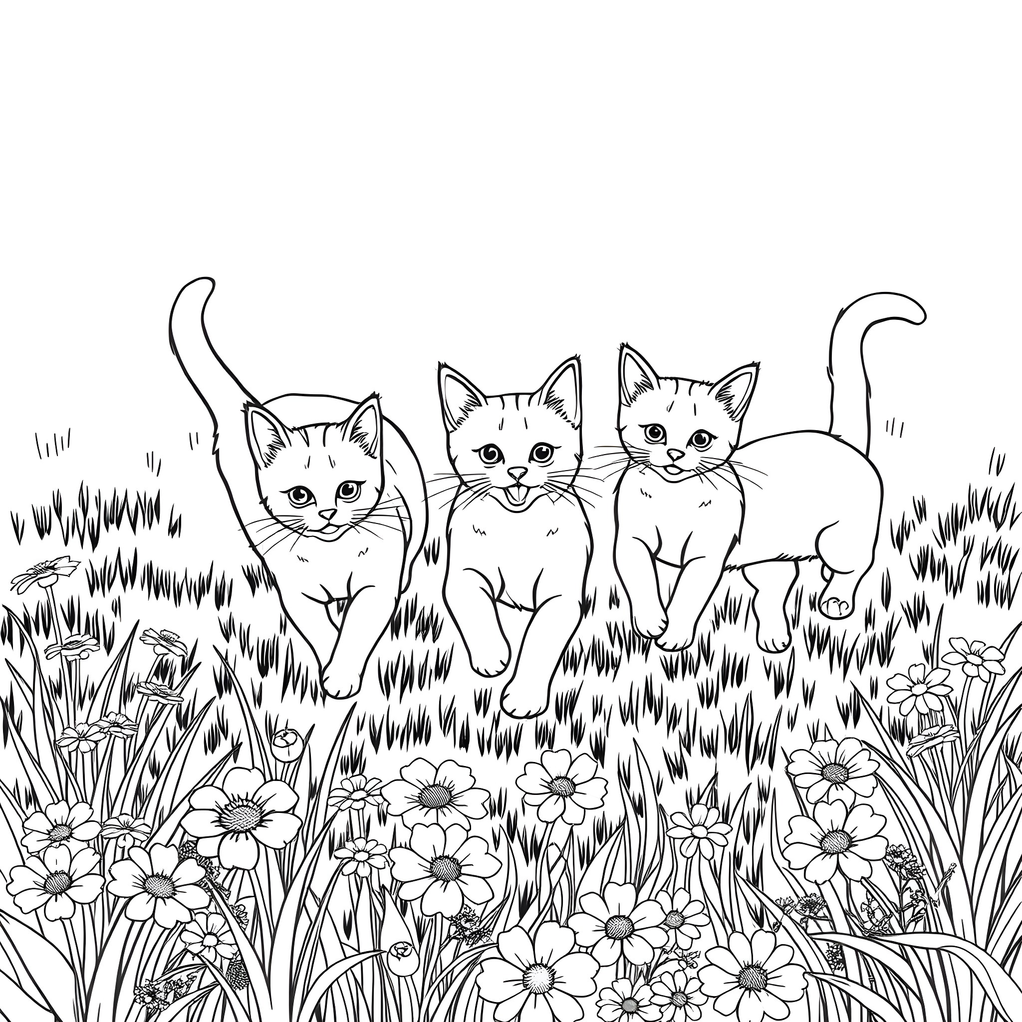 Cats playing in a field of flowers Coloring Page (free black-and-white line drawing printable PDF for all, from beginners to advanced learners, including children, teens, adults, and seniors)