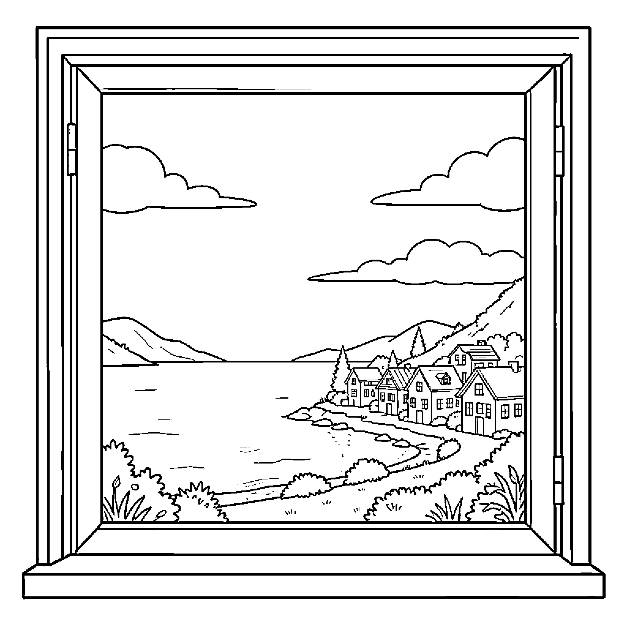 Window overlooking a picturesque coastal village Coloring Page (free black-and-white line drawing printable PDF for all, from beginners to advanced learners, including children, teens, adults, and seniors)